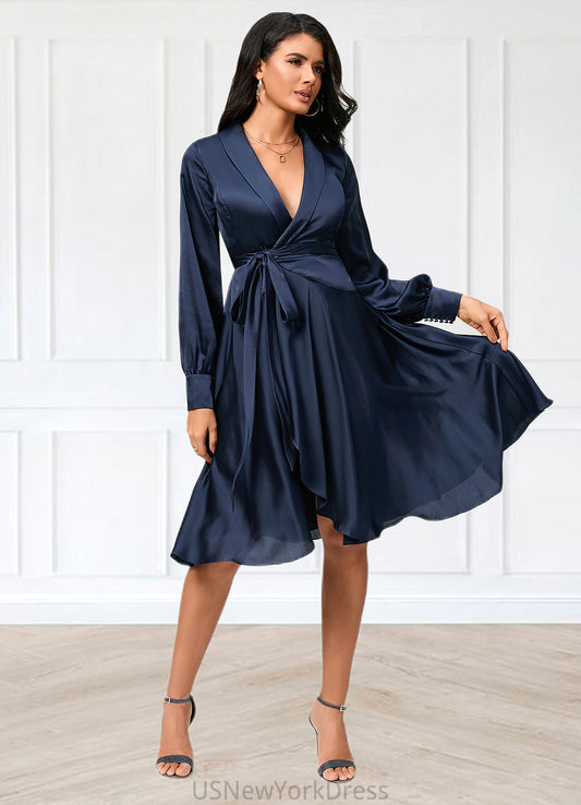 Sidney A-line V-Neck Asymmetrical Silky Satin Cocktail Dress With Bow DJP0022385