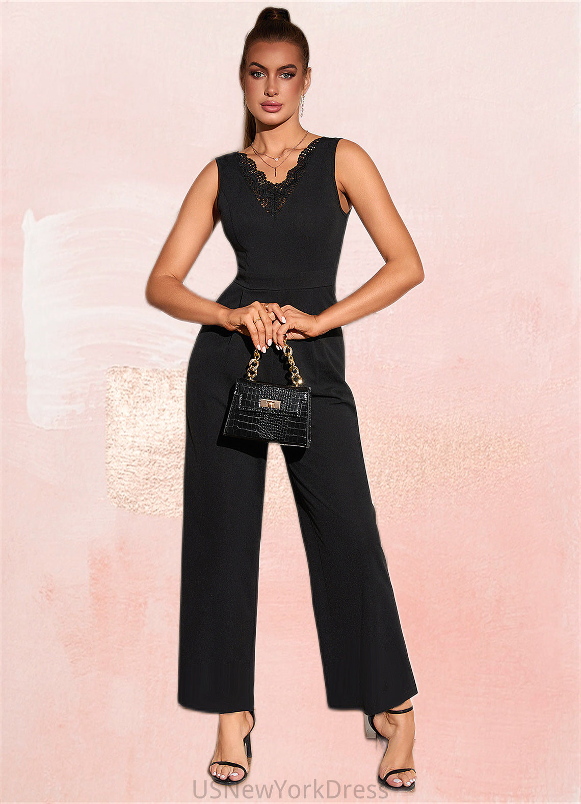 Prudence Jacquard V-Neck Elegant Jumpsuit/Pantsuit Polyester Maxi Dresses DJP0022404