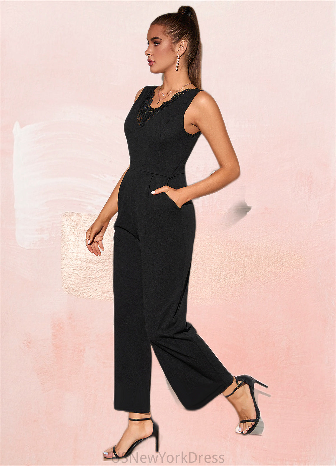 Prudence Jacquard V-Neck Elegant Jumpsuit/Pantsuit Polyester Maxi Dresses DJP0022404