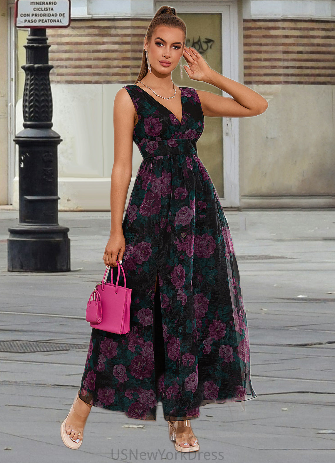 Alisa Floral Print V-Neck Elegant A-line Organza Maxi Dresses DJP0022406