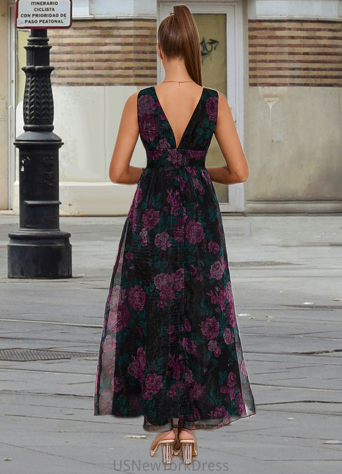 Alisa Floral Print V-Neck Elegant A-line Organza Maxi Dresses DJP0022406