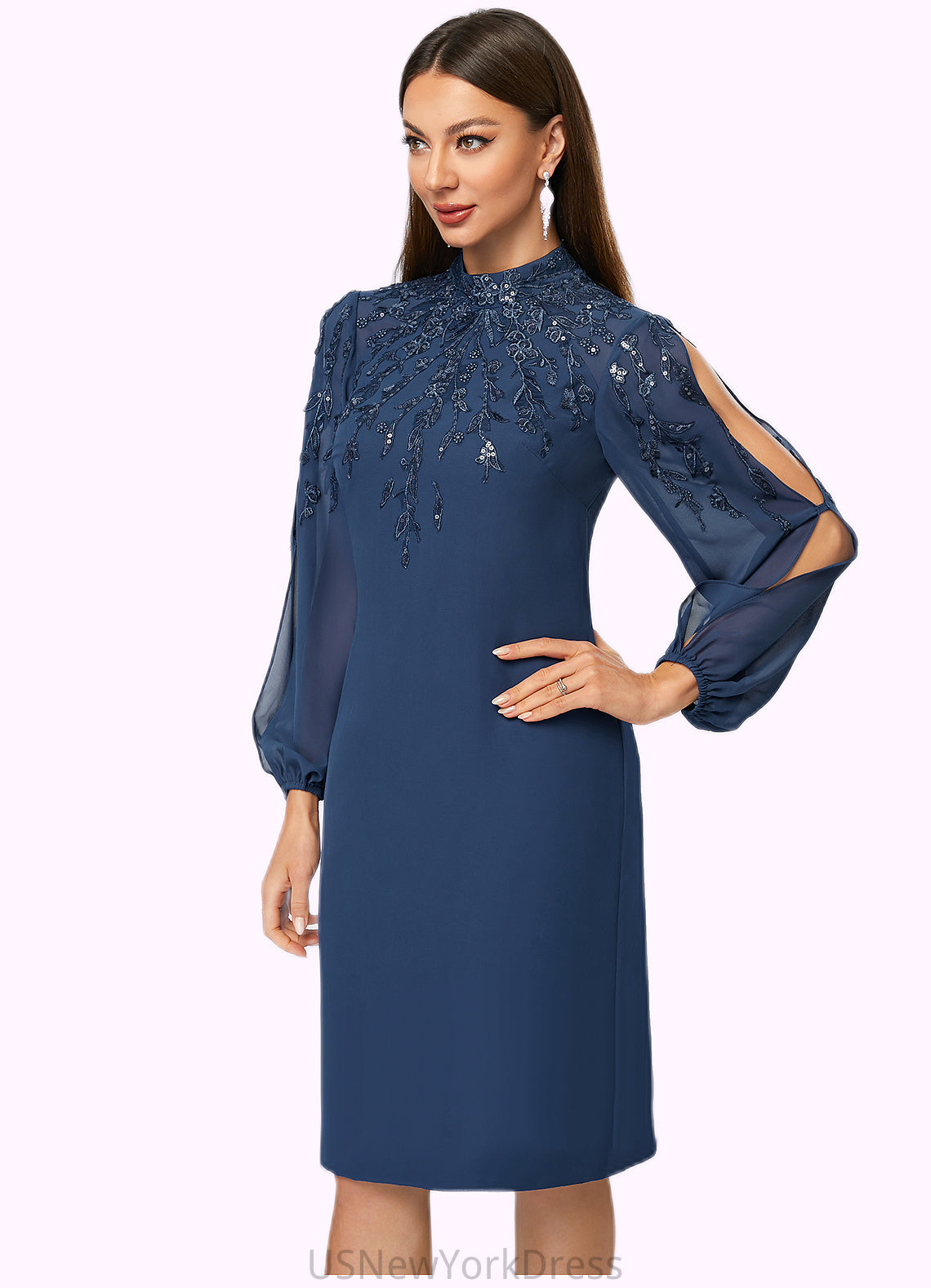 Esther Sheath/Column High Neck Knee-Length Chiffon Cocktail Dress With Appliques Lace Sequins DJP0022408