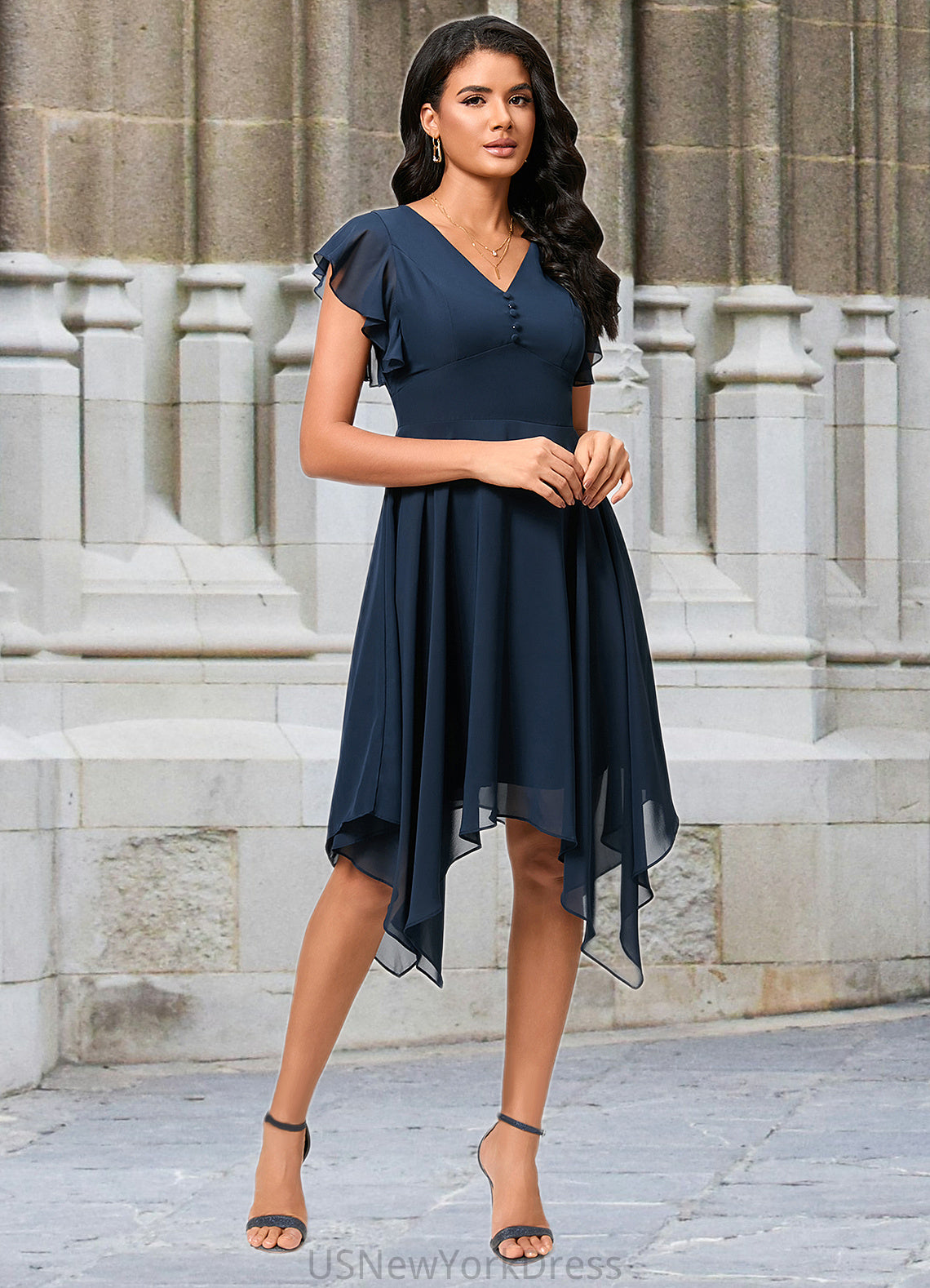 Caitlyn A-line V-Neck Tea-Length Chiffon Cocktail Dress DJP0022409