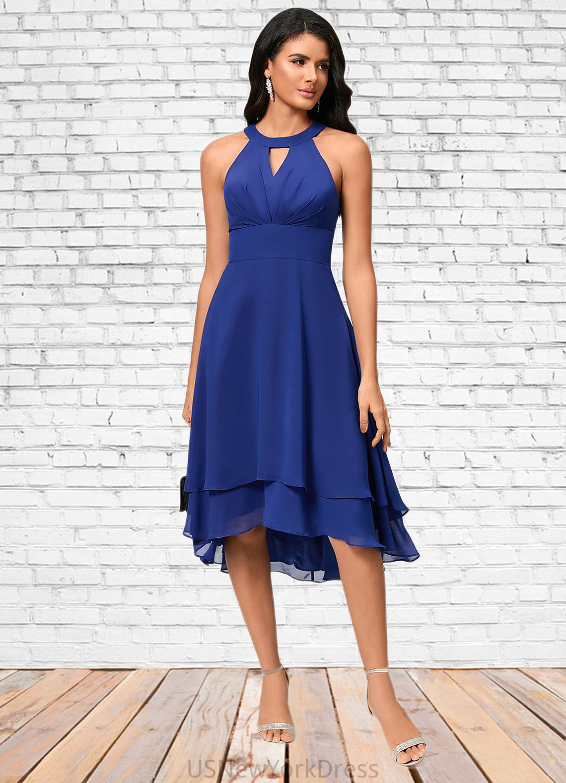 Finley A-line Scoop Asymmetrical Chiffon Cocktail Dress With Pleated DJP0022410