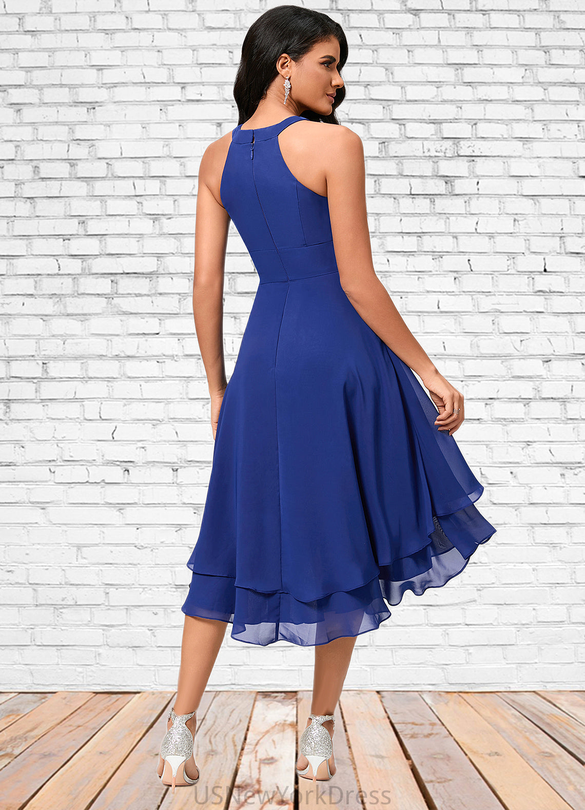 Finley A-line Scoop Asymmetrical Chiffon Cocktail Dress With Pleated DJP0022410