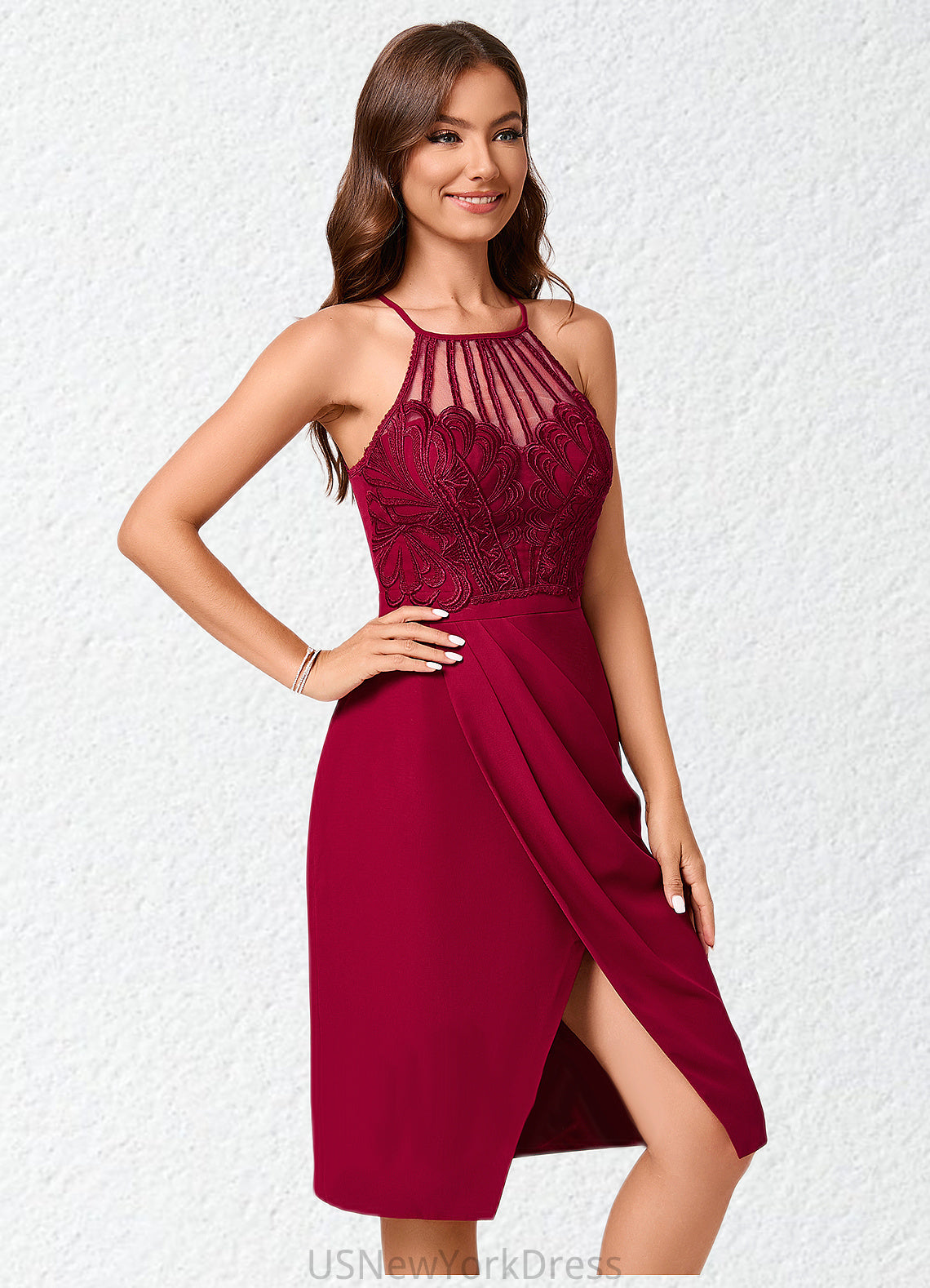 Hailee Sheath/Column V-Neck Knee-Length Chiffon Lace Cocktail Dress With Ruffle DJP0022421