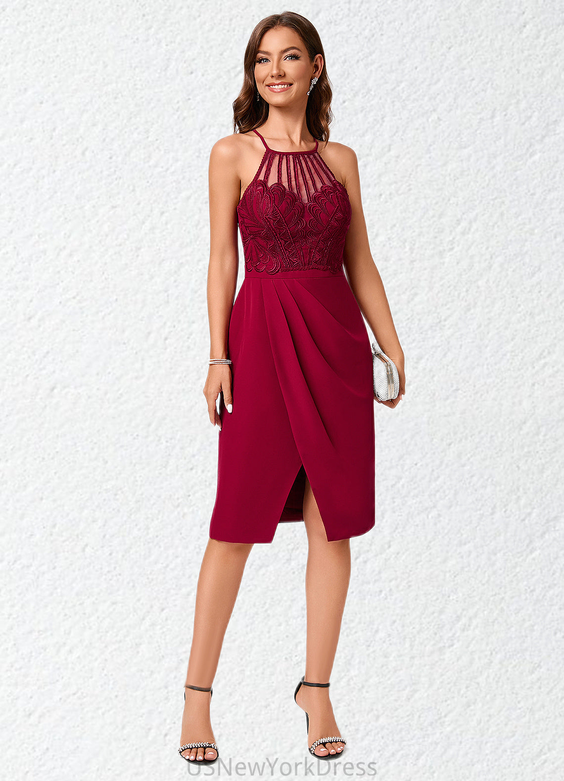 Hailee Sheath/Column V-Neck Knee-Length Chiffon Lace Cocktail Dress With Ruffle DJP0022421