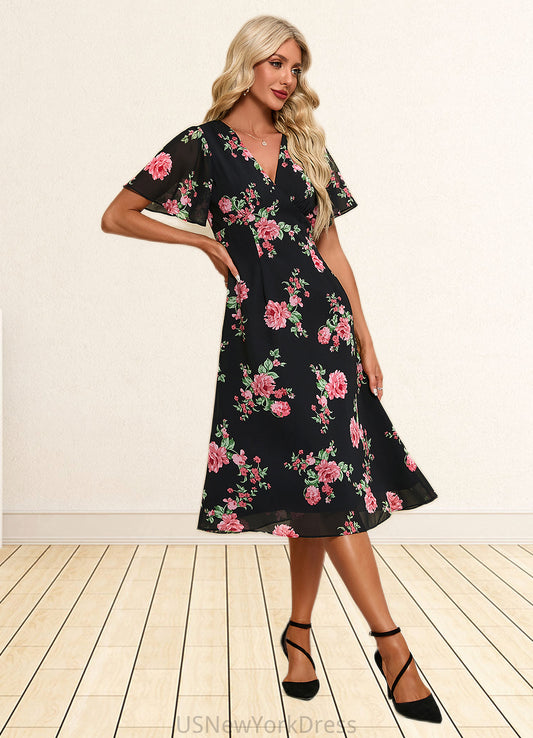 Alanna Floral Print V-Neck Elegant A-line Chiffon Midi Dresses DJP0022424