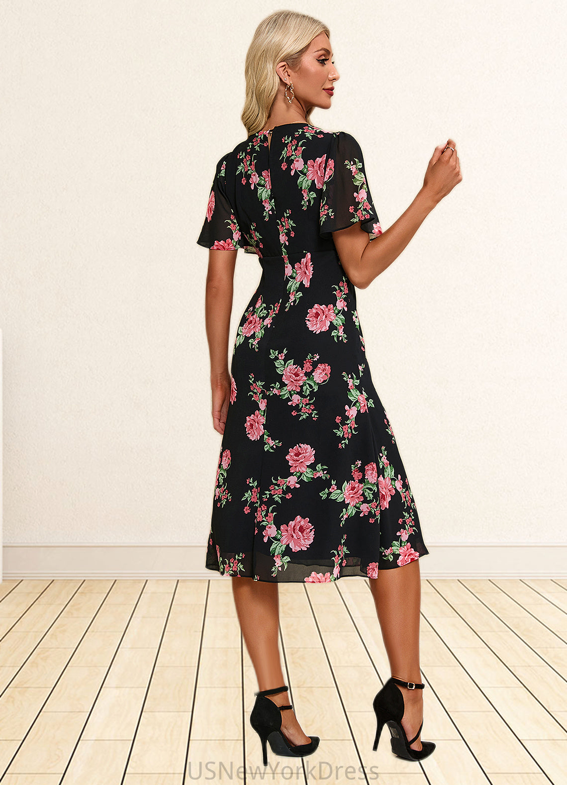 Alanna Floral Print V-Neck Elegant A-line Chiffon Midi Dresses DJP0022424