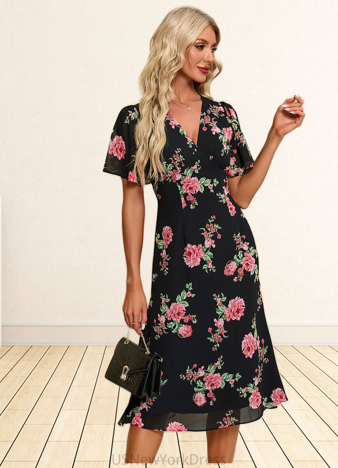 Alanna Floral Print V-Neck Elegant A-line Chiffon Midi Dresses DJP0022424