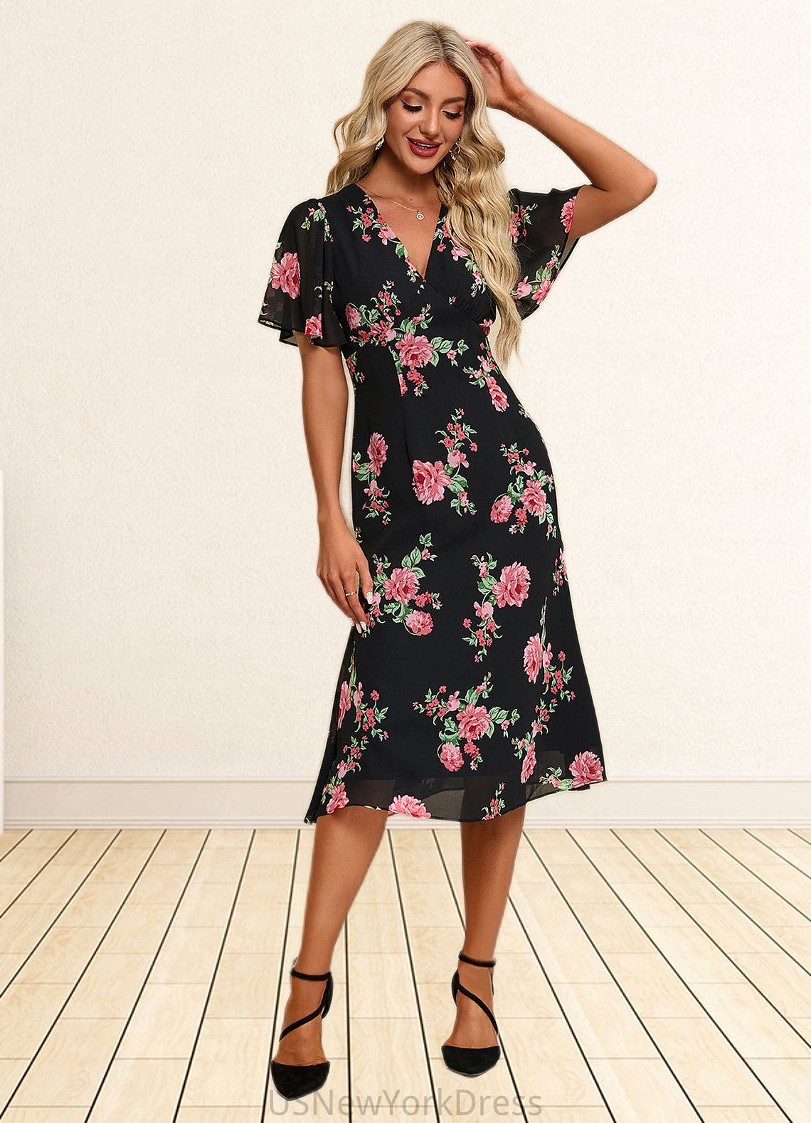 Alanna Floral Print V-Neck Elegant A-line Chiffon Midi Dresses DJP0022424