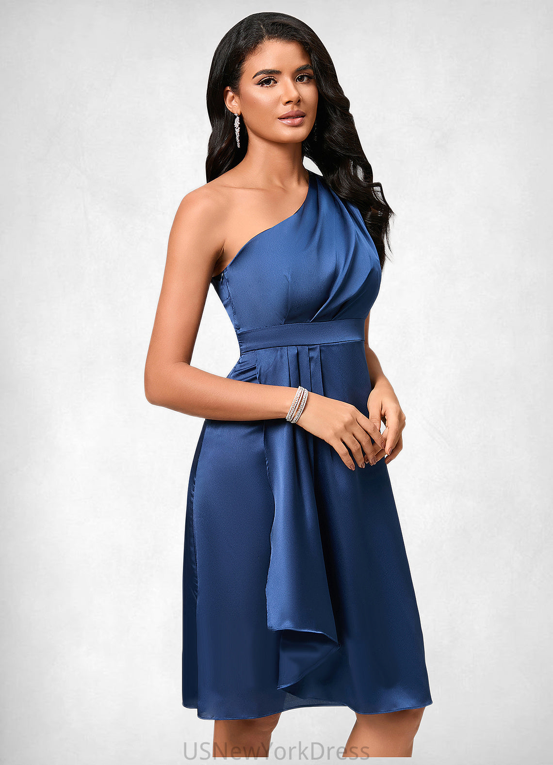 Giana A-line One Shoulder Knee-Length Satin Cocktail Dress With Ruffle DJP0022427