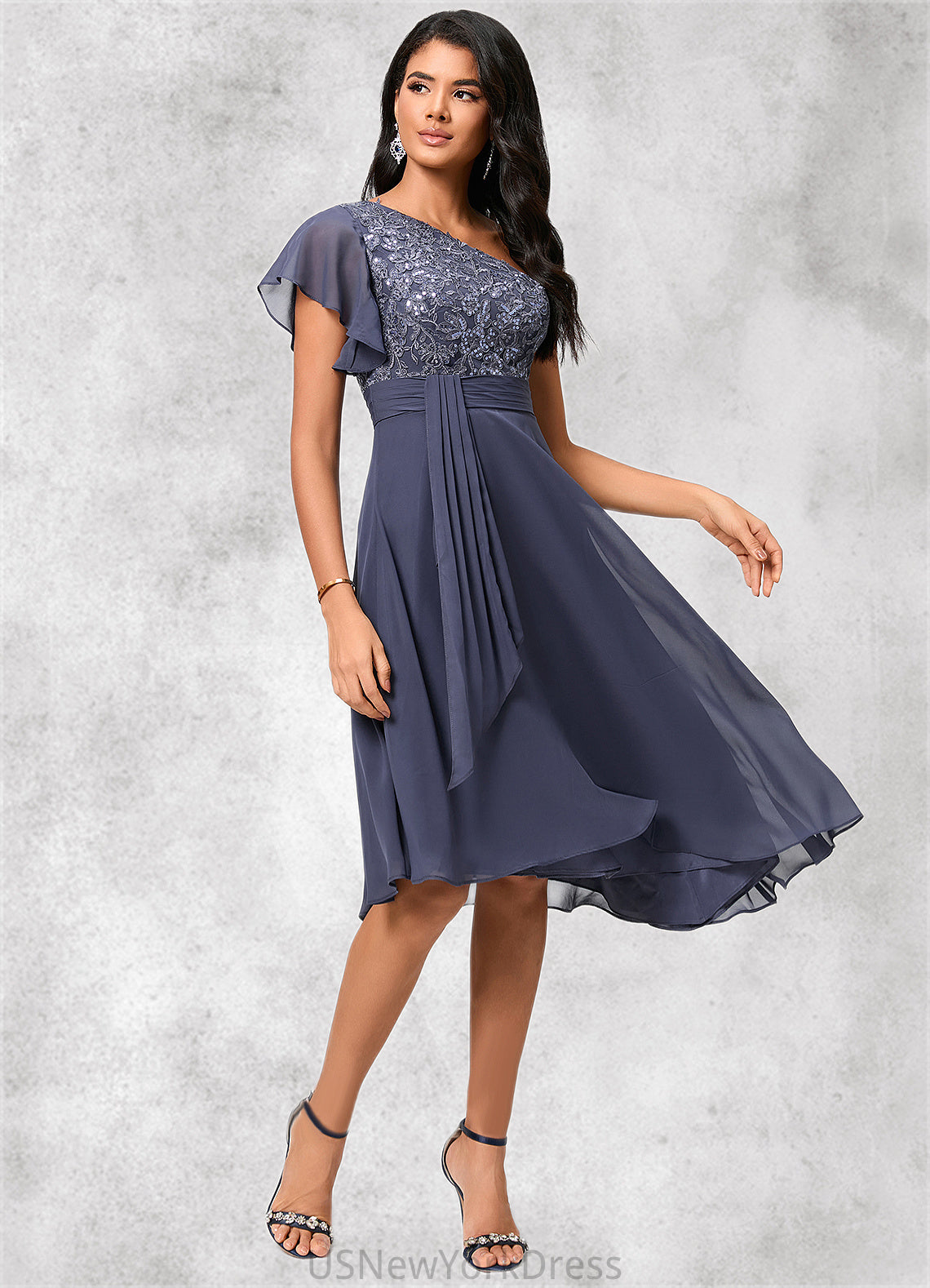 Keira A-line One Shoulder Tea-Length Chiffon Cocktail Dress With Ruffle DJP0022428