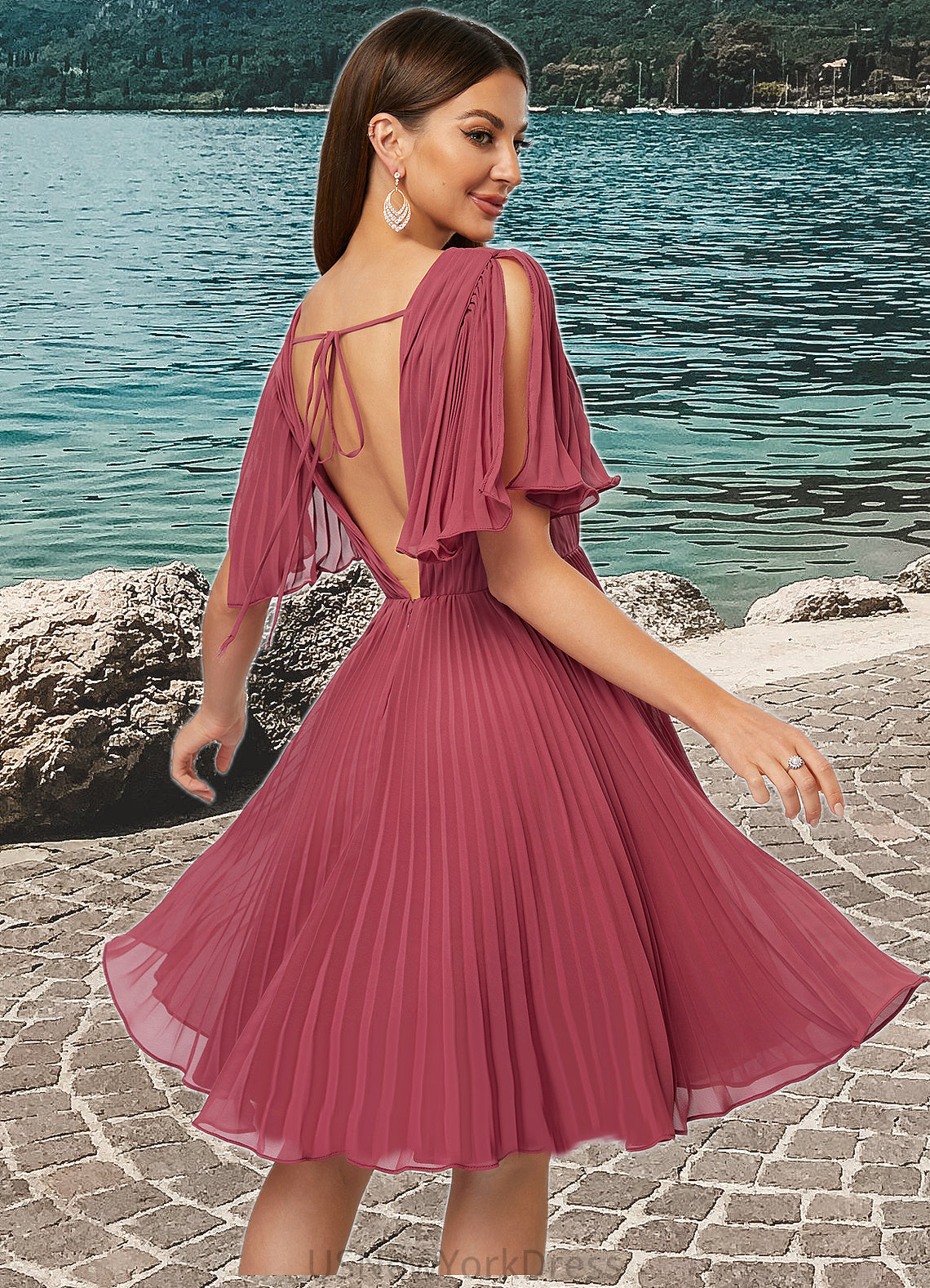 Jade A-line V-Neck Knee-Length Chiffon Cocktail Dress With Pleated DJP0022429