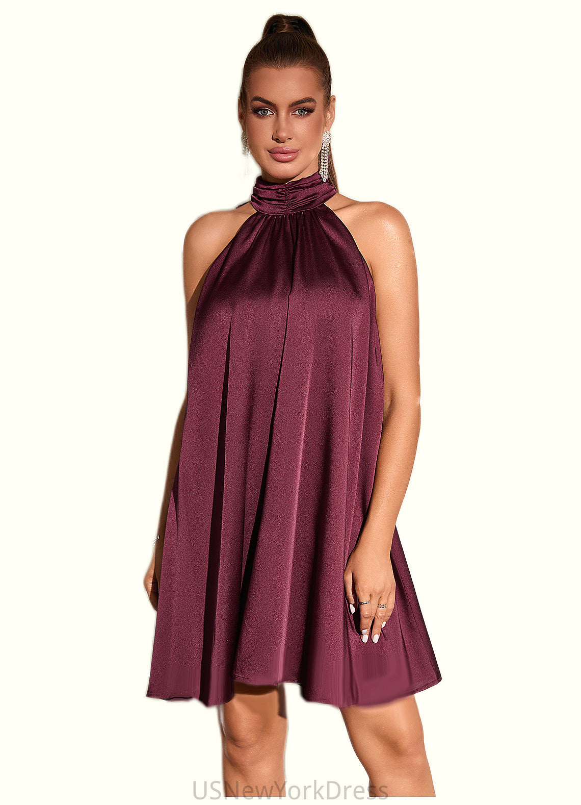 Mandy Ruffle High Neck Elegant A-line Satin Mini Dresses DJP0022436