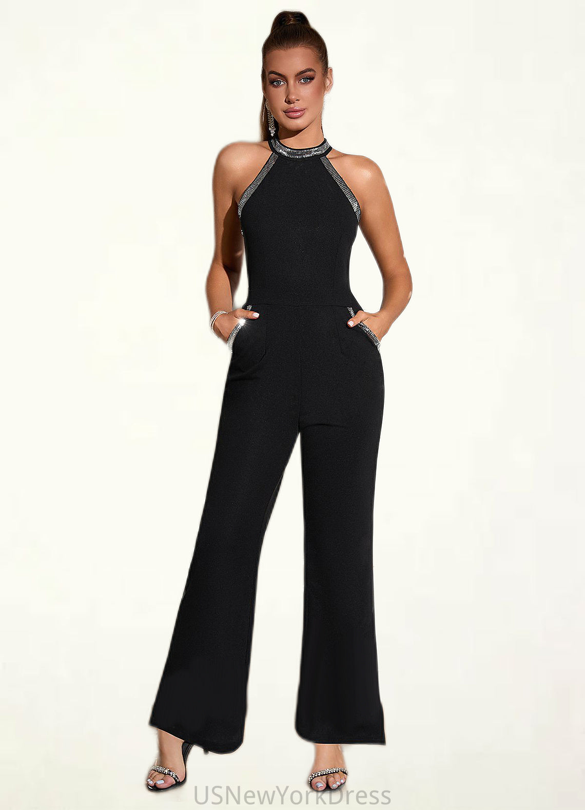 Lauretta Sequins High Neck Elegant Jumpsuit/Pantsuit Polyester Maxi Dresses DJP0022438