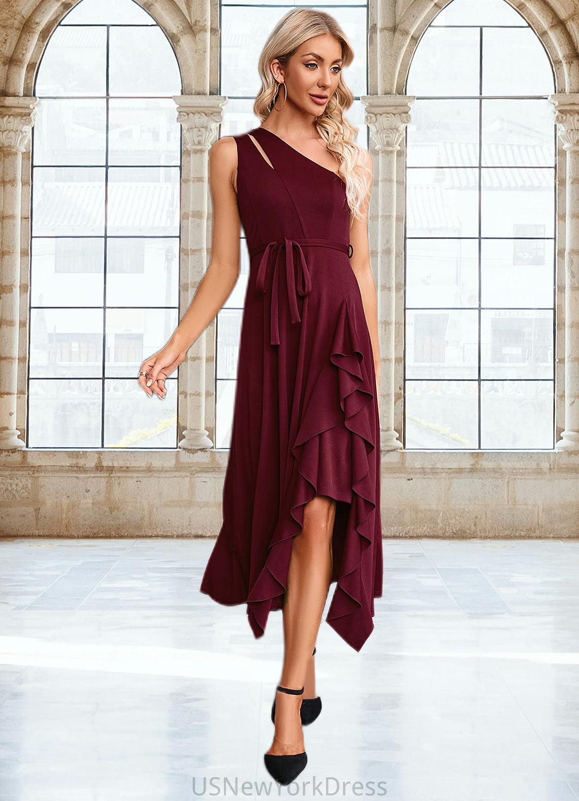 Allyson Cascading Ruffles One Shoulder Elegant A-line Cotton Blends Maxi Dresses DJP0022445