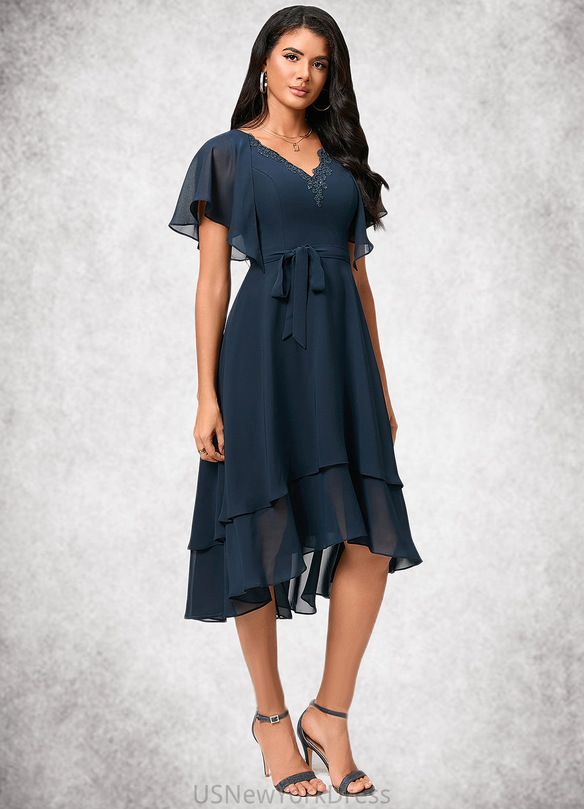 Annie A-line V-Neck Asymmetrical Chiffon Lace Cocktail Dress DJP0022461