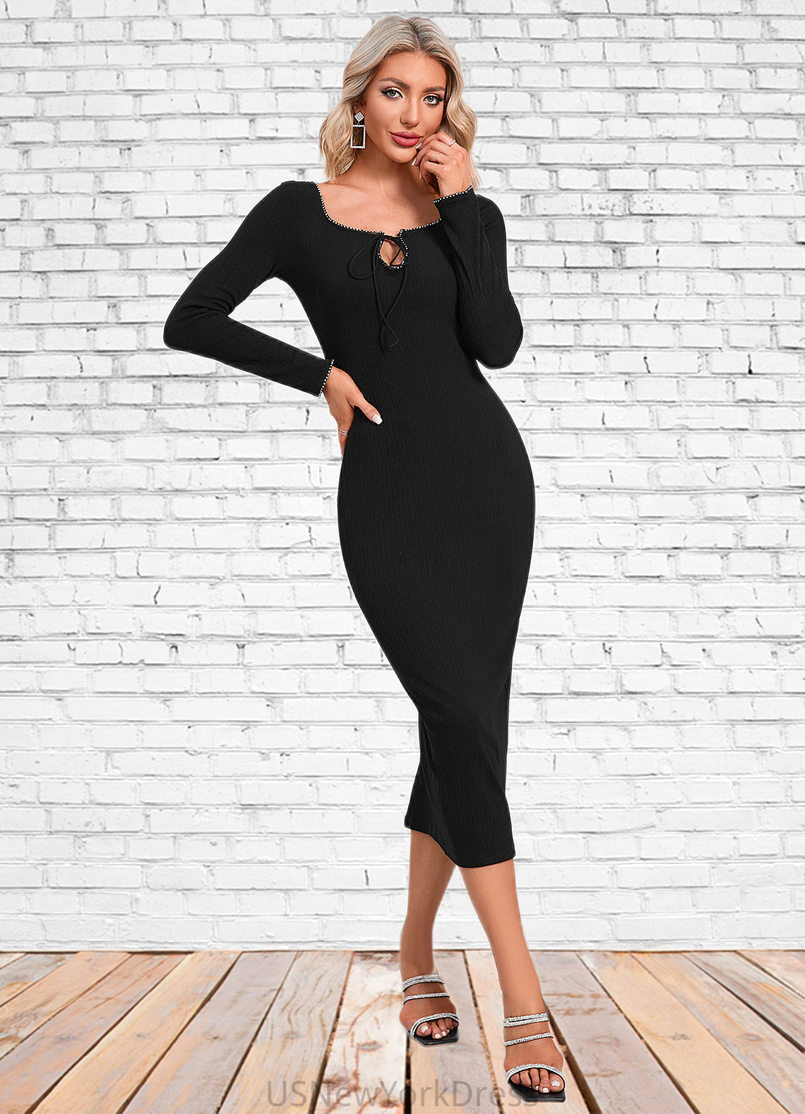 Ashlynn Rhinestone Square Elegant Bodycon Jersey Midi Dresses DJP0022464