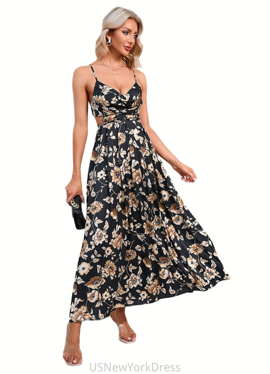 Nyla Flower Ruffle Floral Print Cowl Sexy A-line Satin Maxi Dresses DJP0022468