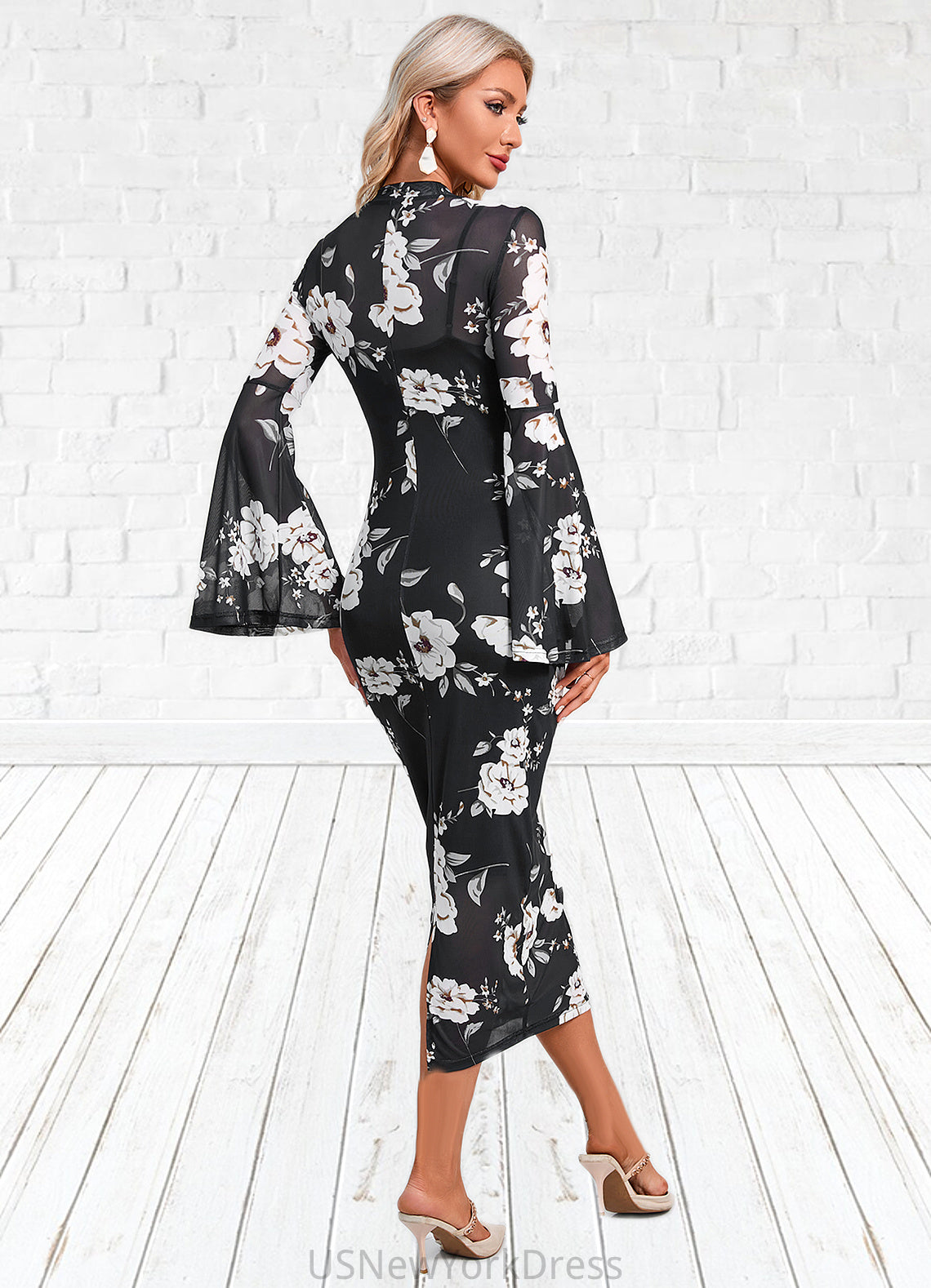 Ryleigh Floral Print High Neck Elegant Bodycon Spandex Midi Dresses DJP0022470