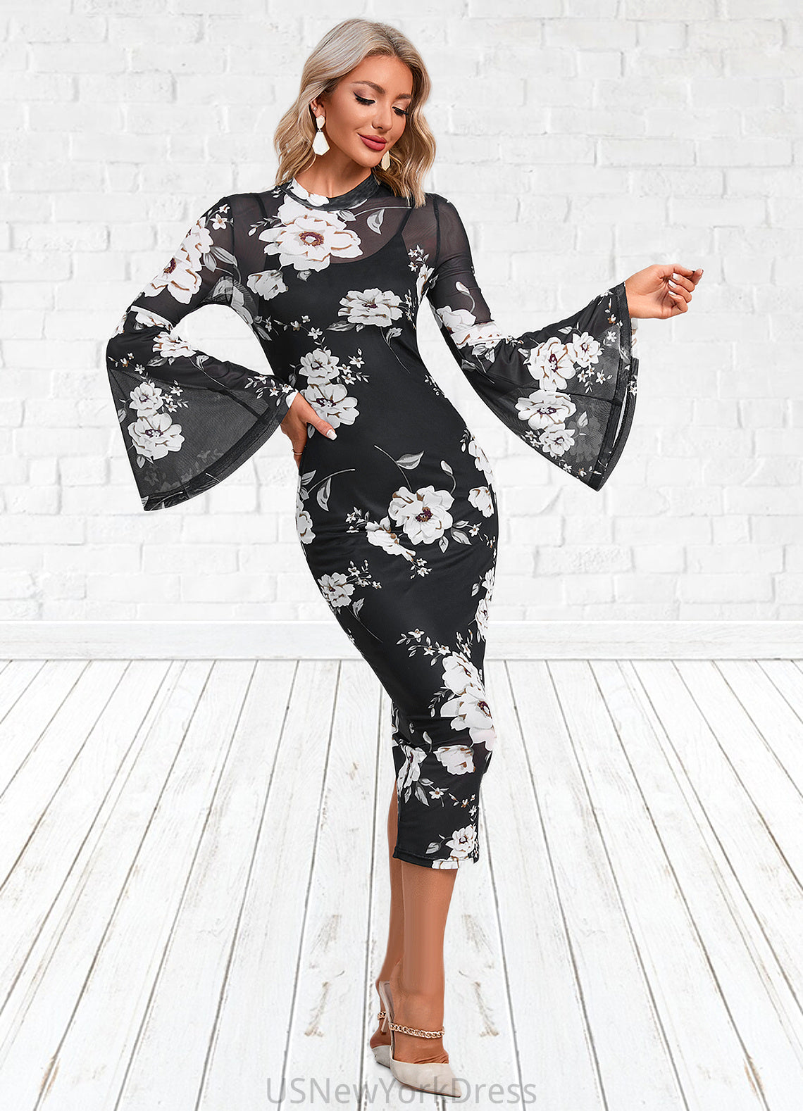 Ryleigh Floral Print High Neck Elegant Bodycon Spandex Midi Dresses DJP0022470