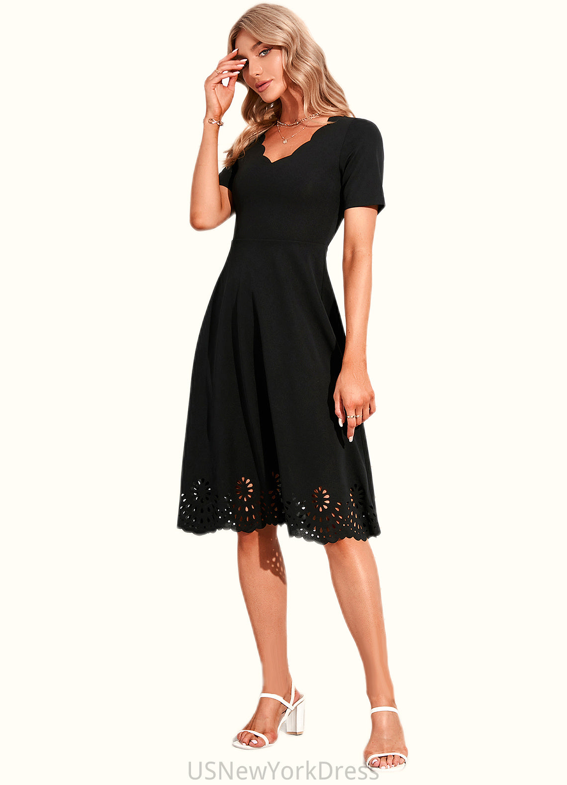 Germaine V-Neck Elegant A-line Cotton Blends Midi Dresses DJP0022499