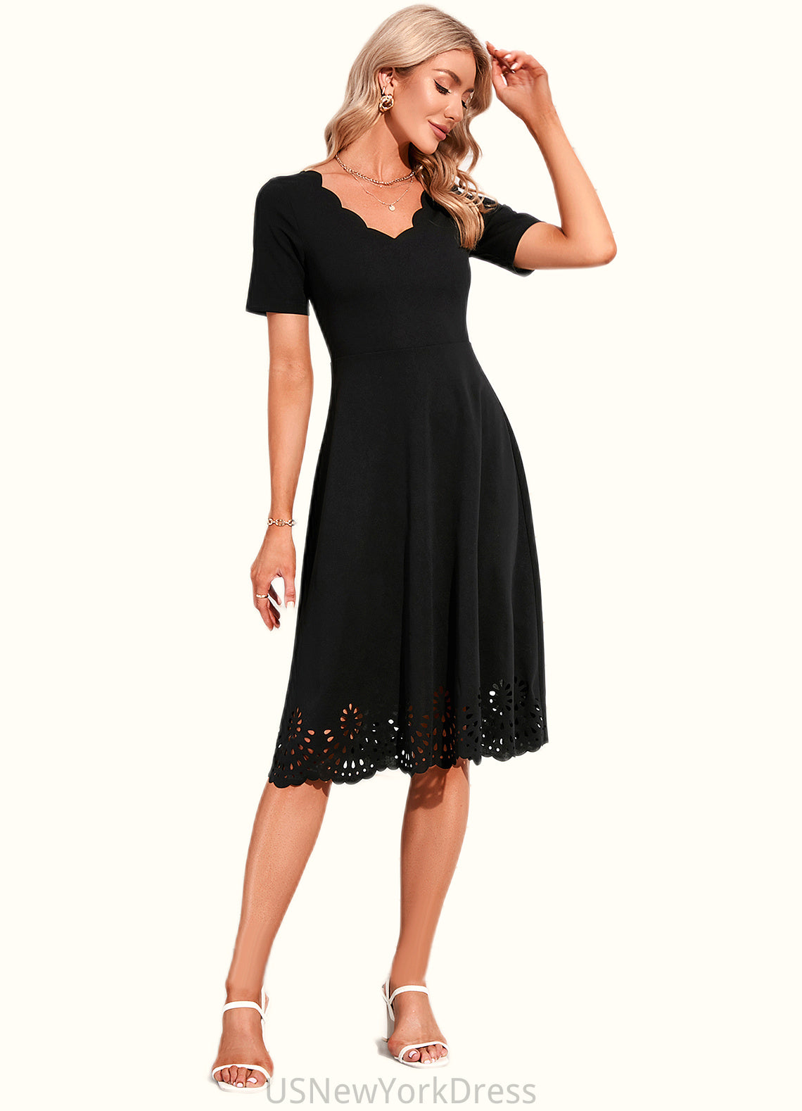 Germaine V-Neck Elegant A-line Cotton Blends Midi Dresses DJP0022499