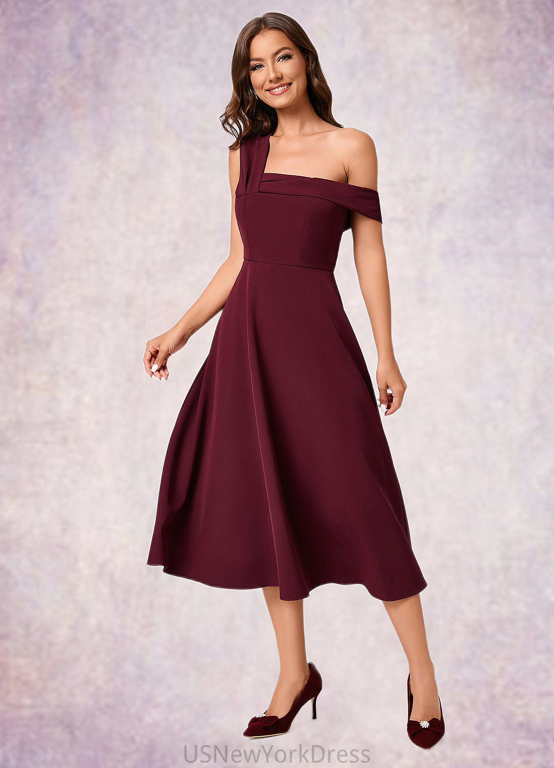 Luz A-line One Shoulder Tea-Length Stretch Crepe Cocktail Dress With Ruffle DJP0022501