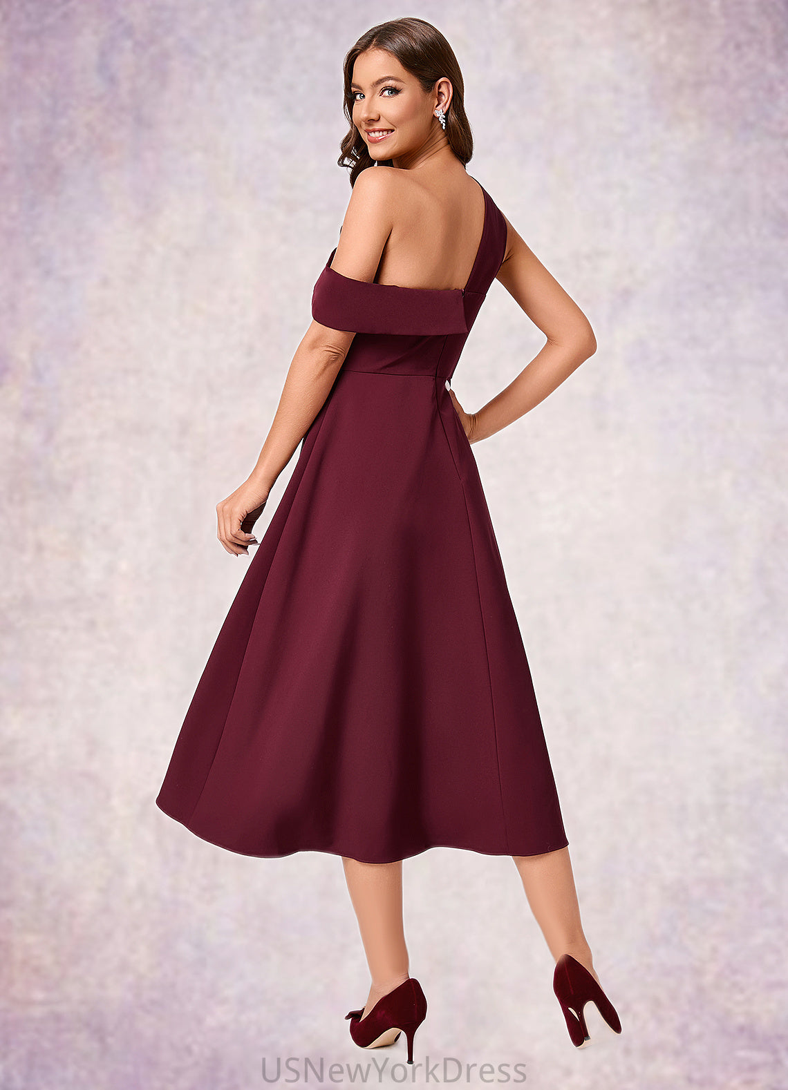 Luz A-line One Shoulder Tea-Length Stretch Crepe Cocktail Dress With Ruffle DJP0022501