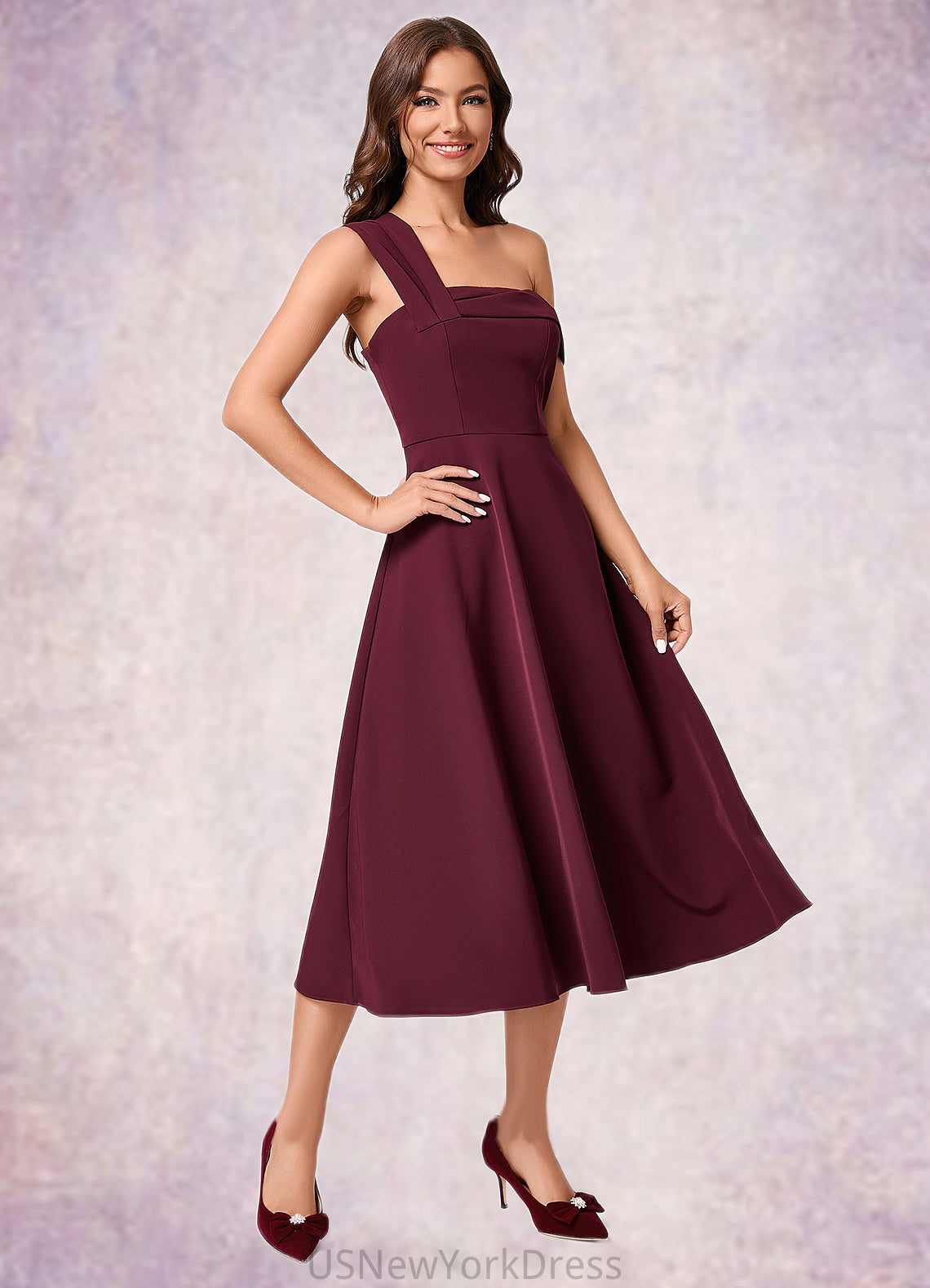 Luz A-line One Shoulder Tea-Length Stretch Crepe Cocktail Dress With Ruffle DJP0022501