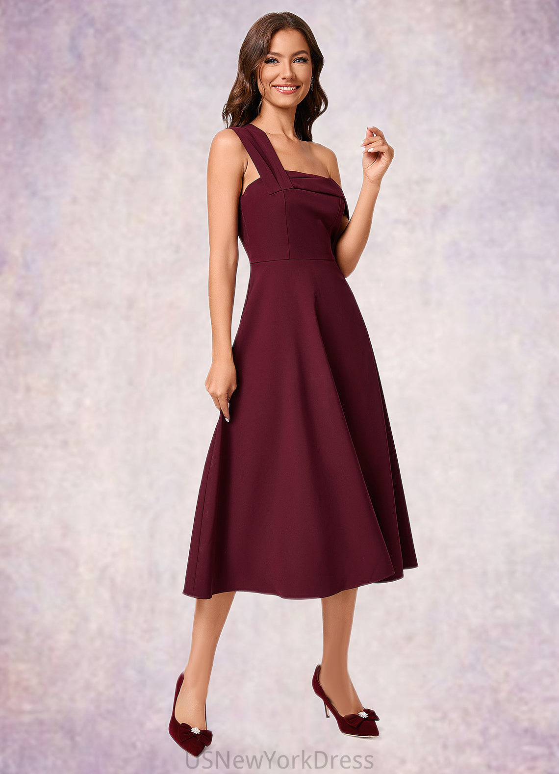 Luz A-line One Shoulder Tea-Length Stretch Crepe Cocktail Dress With Ruffle DJP0022501