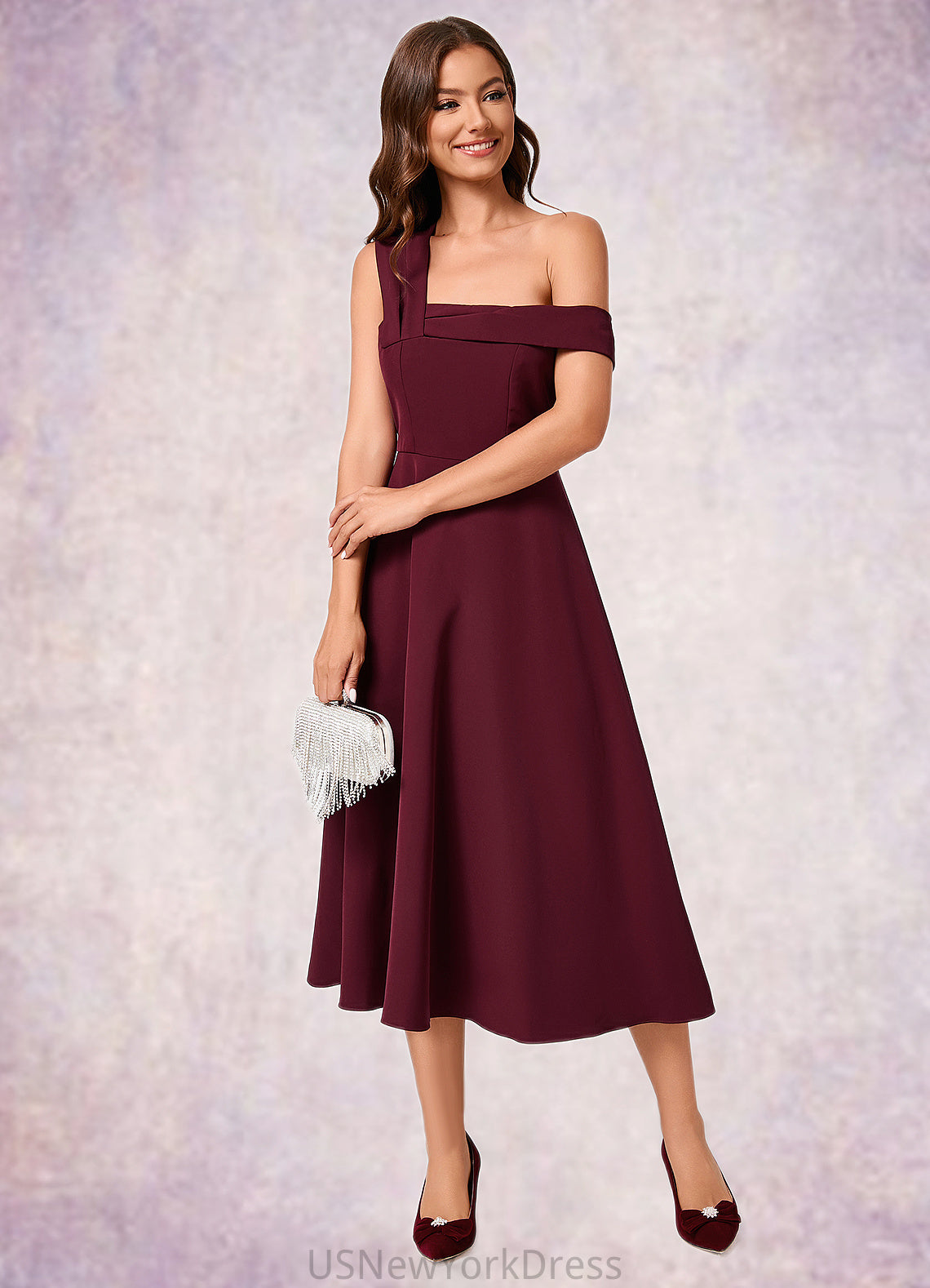 Luz A-line One Shoulder Tea-Length Stretch Crepe Cocktail Dress With Ruffle DJP0022501