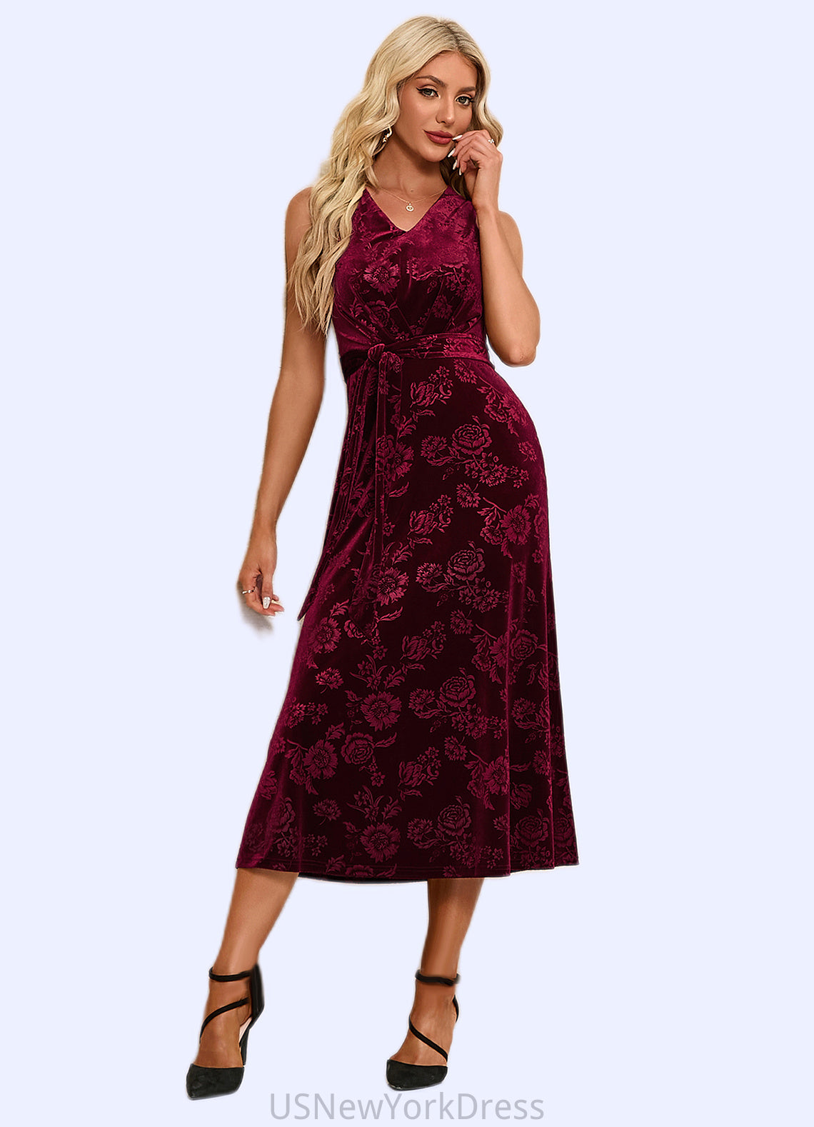 Rhianna Flower V-Neck Elegant A-line Velvet Midi Dresses DJP0022504