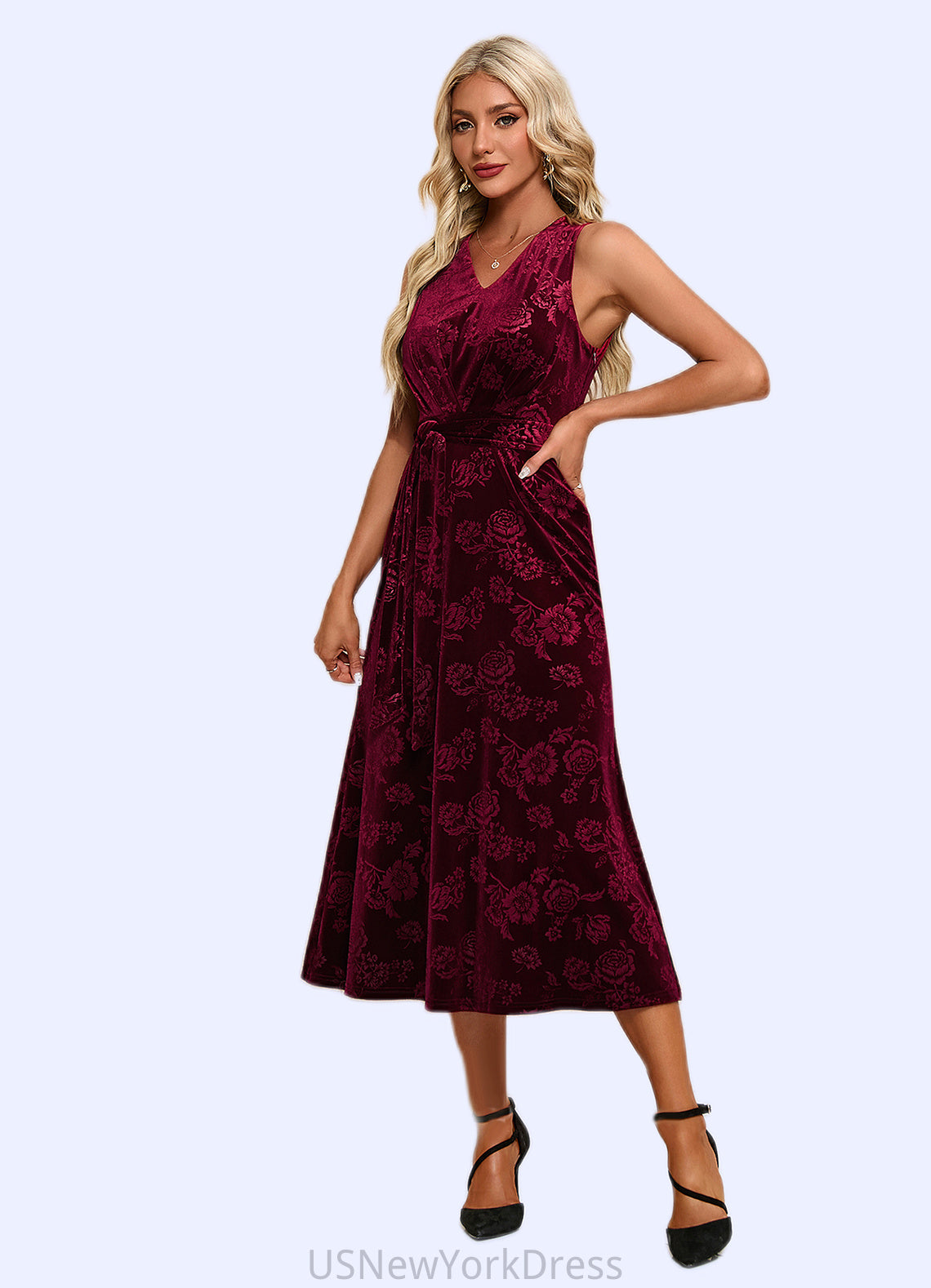 Rhianna Flower V-Neck Elegant A-line Velvet Midi Dresses DJP0022504