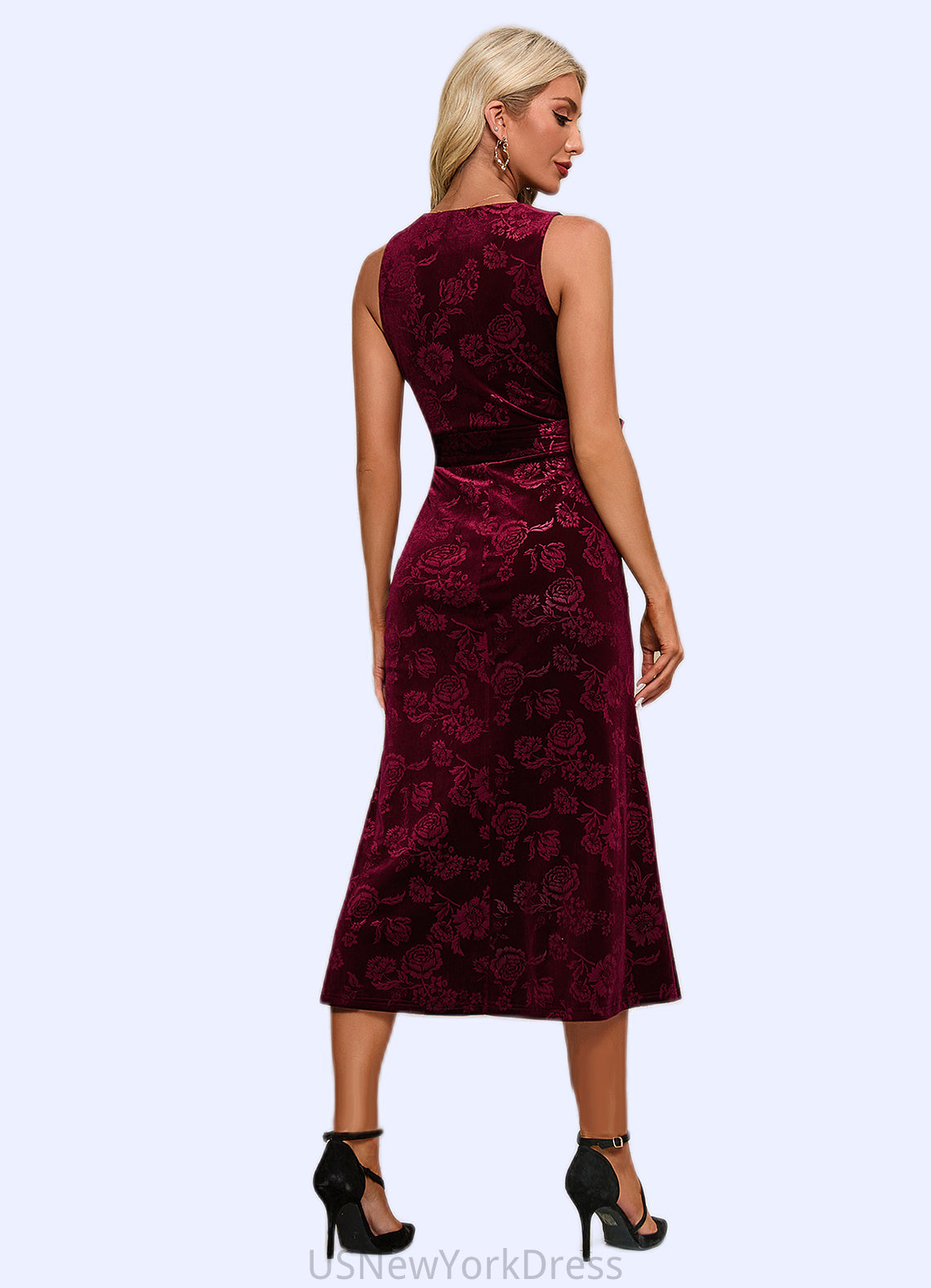 Rhianna Flower V-Neck Elegant A-line Velvet Midi Dresses DJP0022504