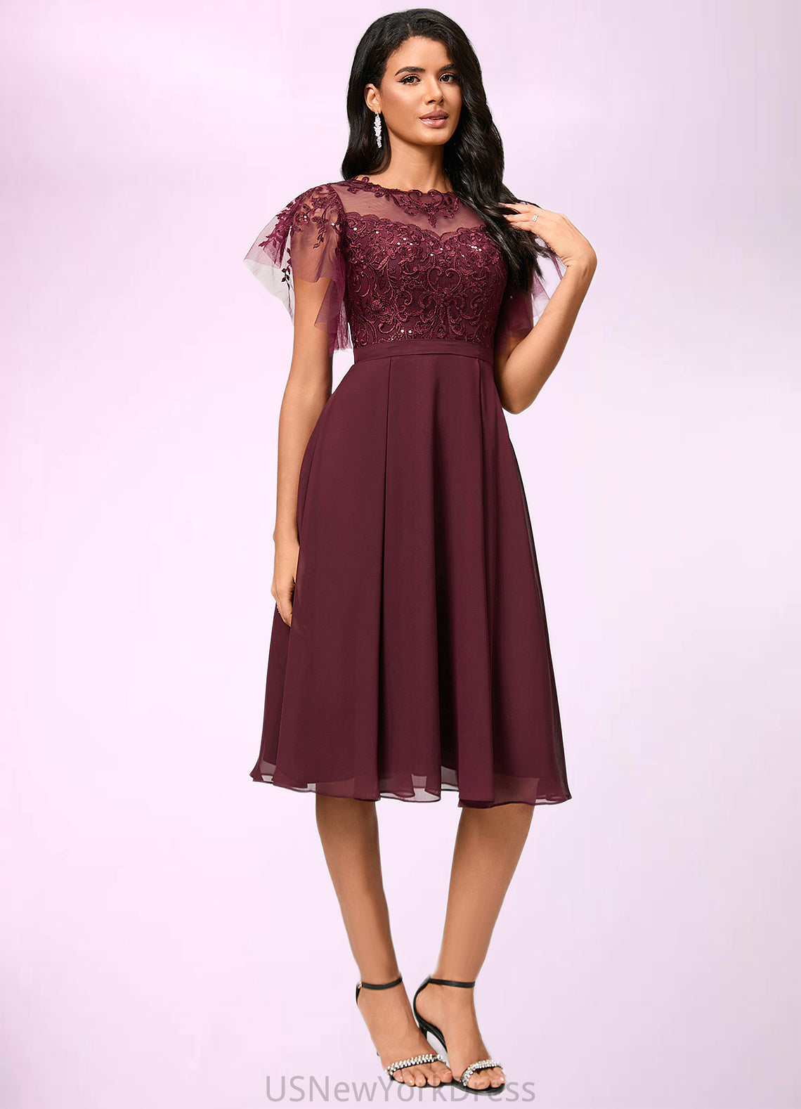 Valeria A-line Illusion Knee-Length Chiffon Cocktail Dress With Sequins DJP0022512