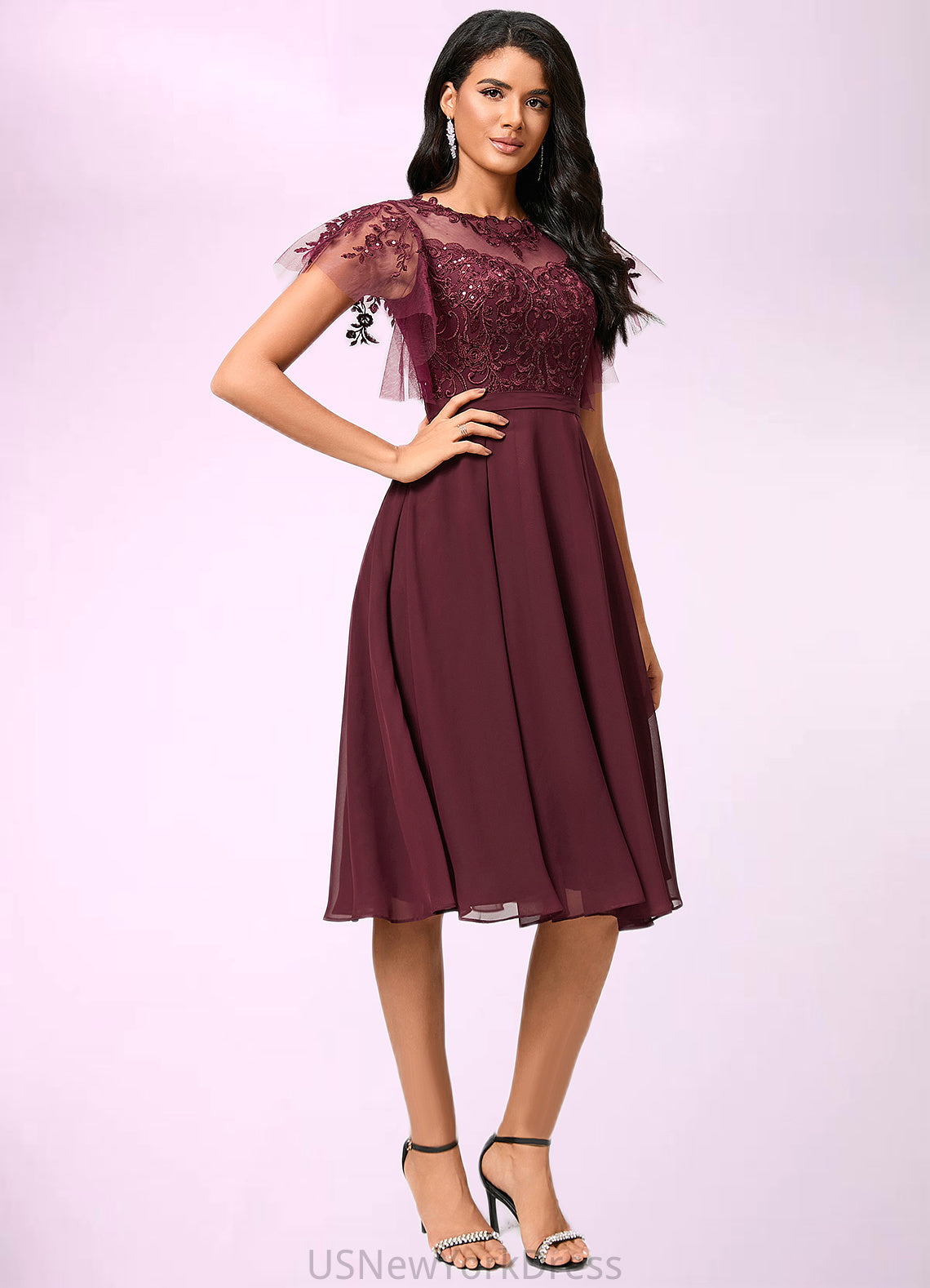 Valeria A-line Illusion Knee-Length Chiffon Cocktail Dress With Sequins DJP0022512