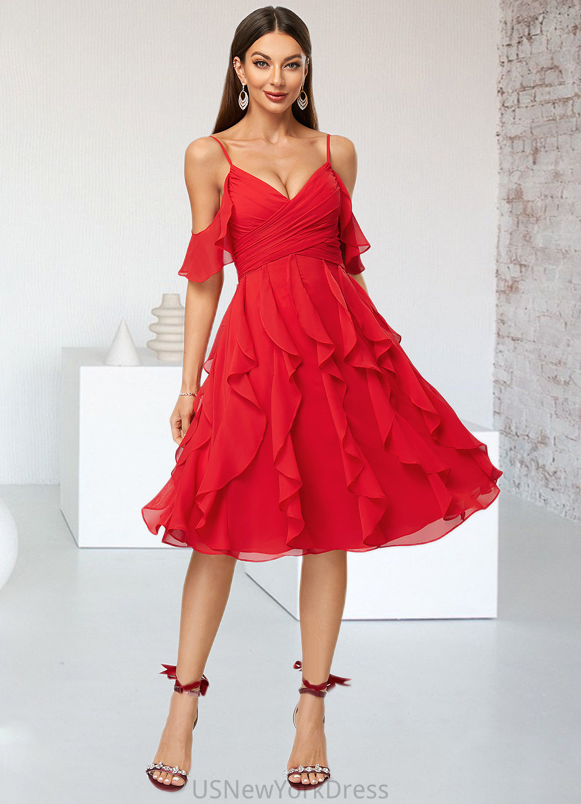 Greta A-line Cold Shoulder Knee-Length Chiffon Cocktail Dress With Cascading Ruffles DJP0022513