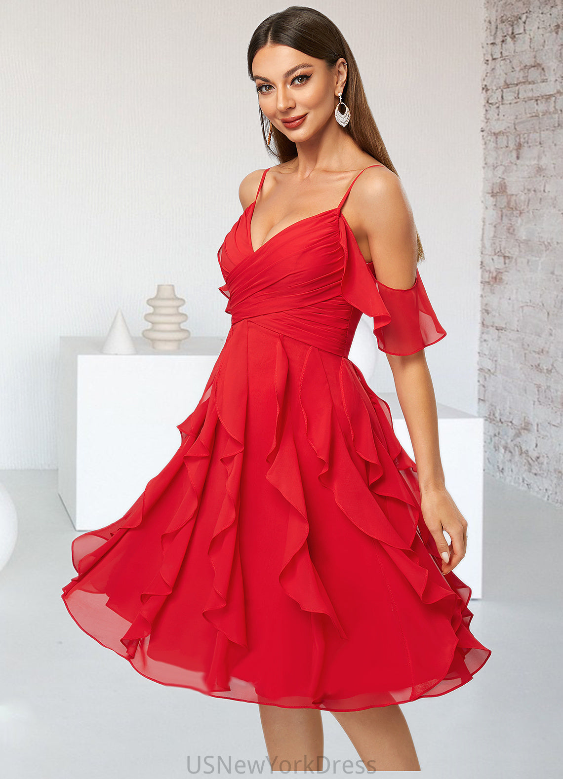 Greta A-line Cold Shoulder Knee-Length Chiffon Cocktail Dress With Cascading Ruffles DJP0022513