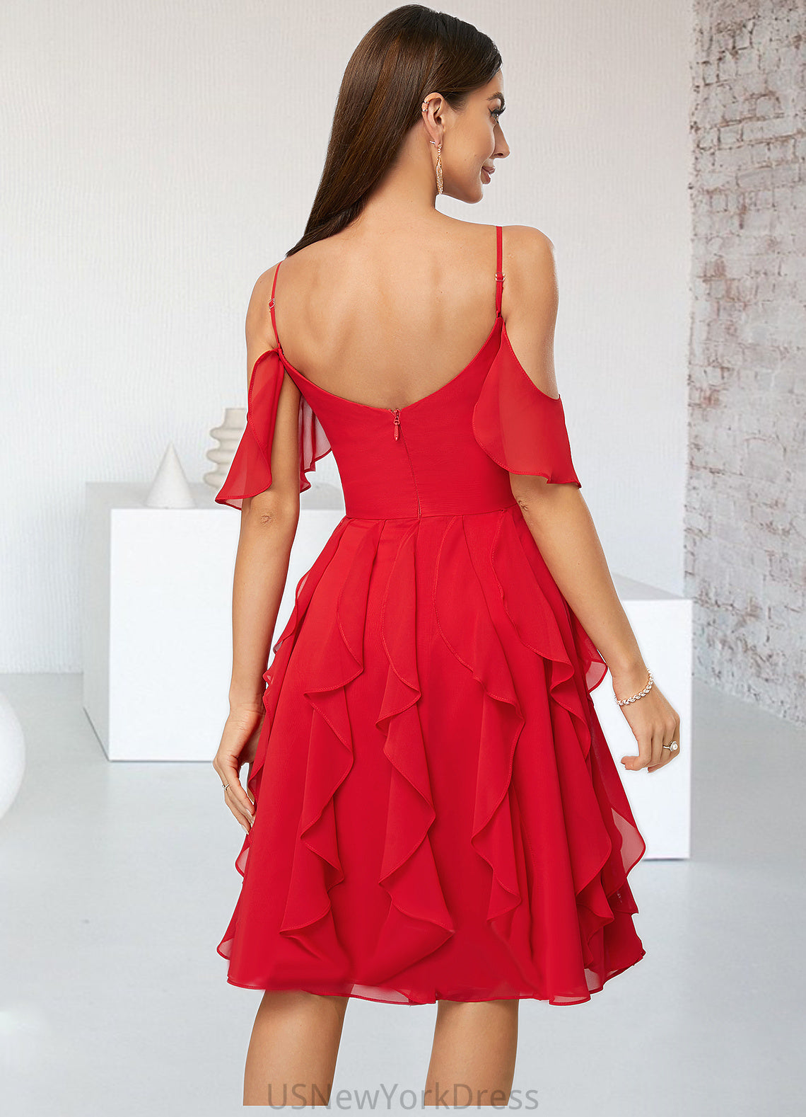 Greta A-line Cold Shoulder Knee-Length Chiffon Cocktail Dress With Cascading Ruffles DJP0022513