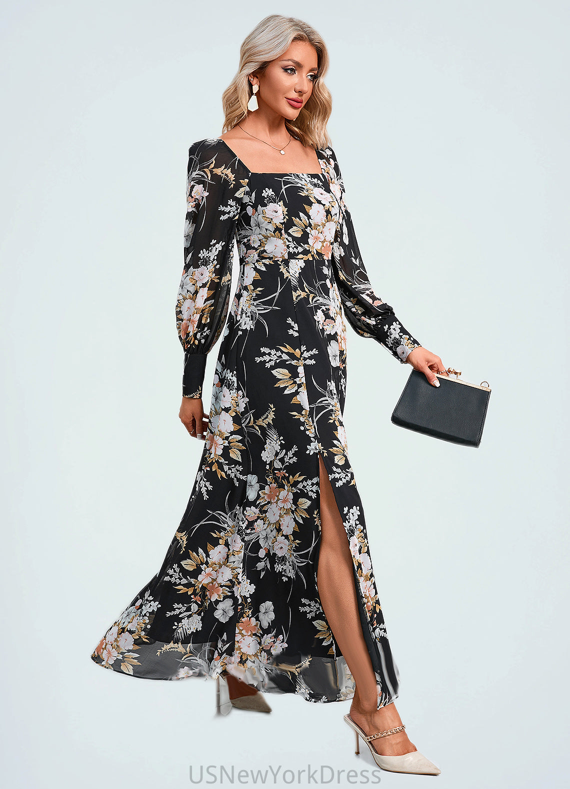 Belen Floral Print Off the Shoulder Elegant A-line Chiffon Maxi Dresses DJP0022515