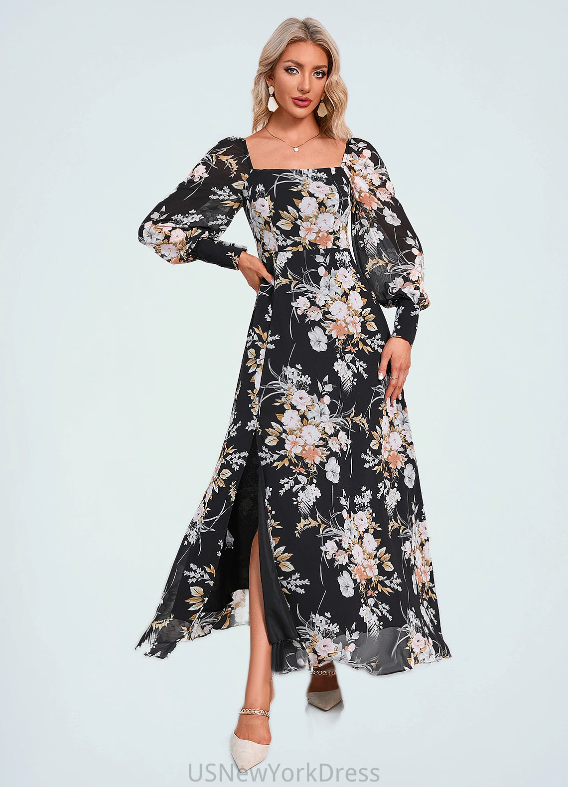 Belen Floral Print Off the Shoulder Elegant A-line Chiffon Maxi Dresses DJP0022515