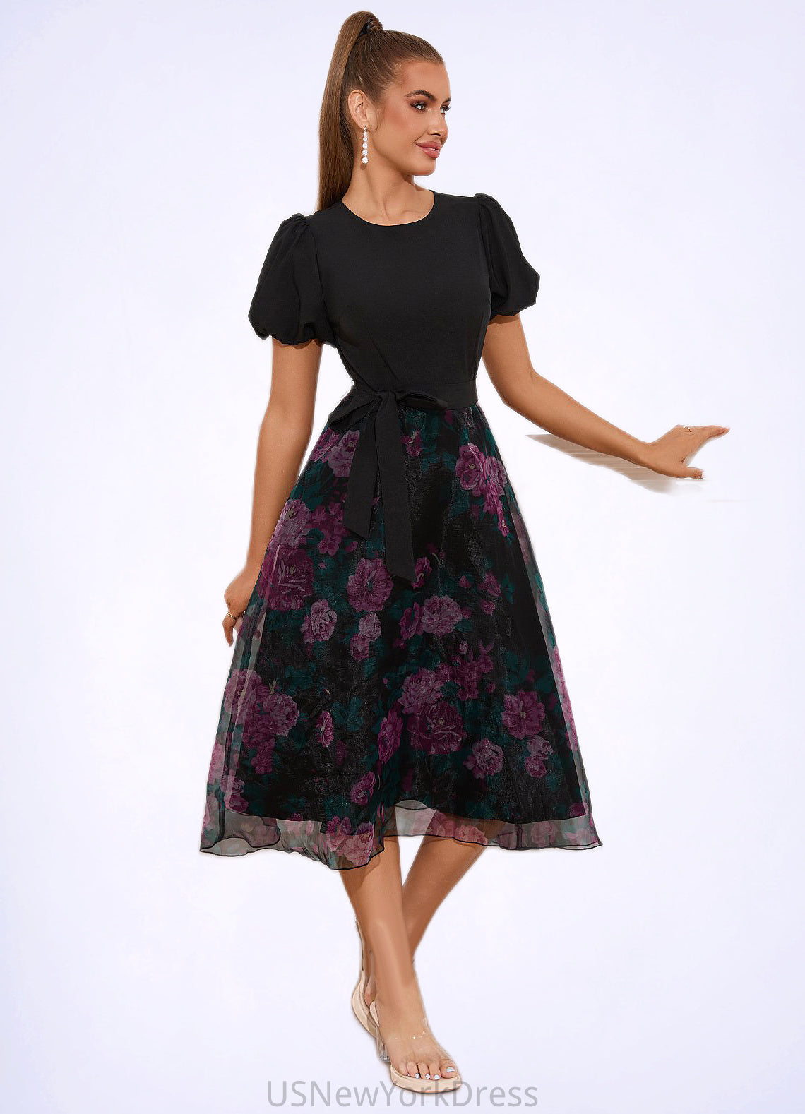 Carley Floral Print Scoop Elegant A-line Organza Midi Dresses DJP0022527