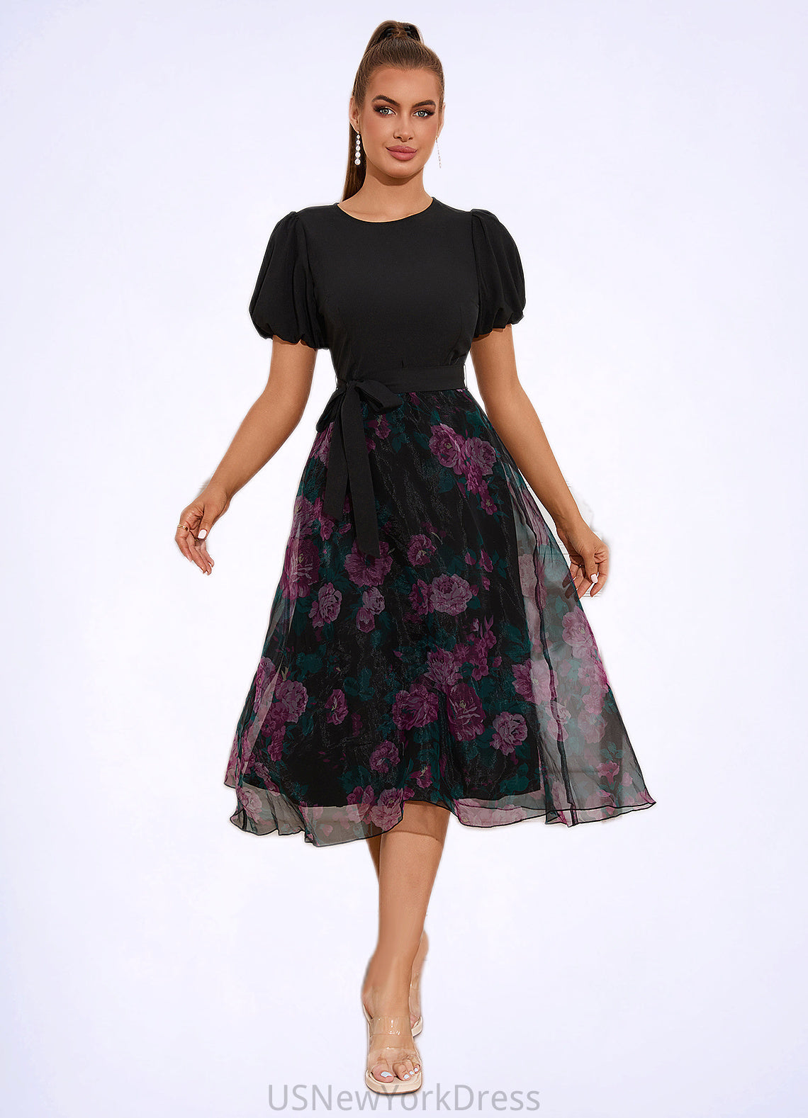 Carley Floral Print Scoop Elegant A-line Organza Midi Dresses DJP0022527