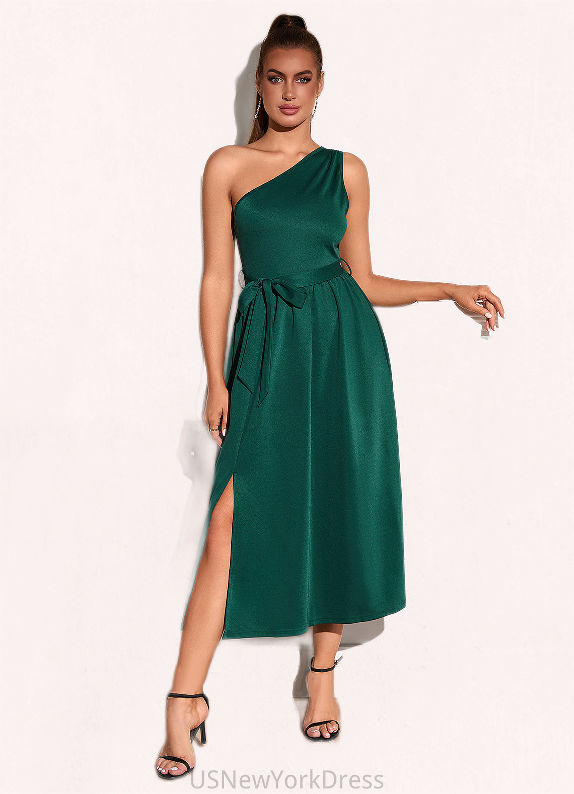 Aimee One Shoulder Vacation A-line Cotton Blends Midi Dresses DJP0022529