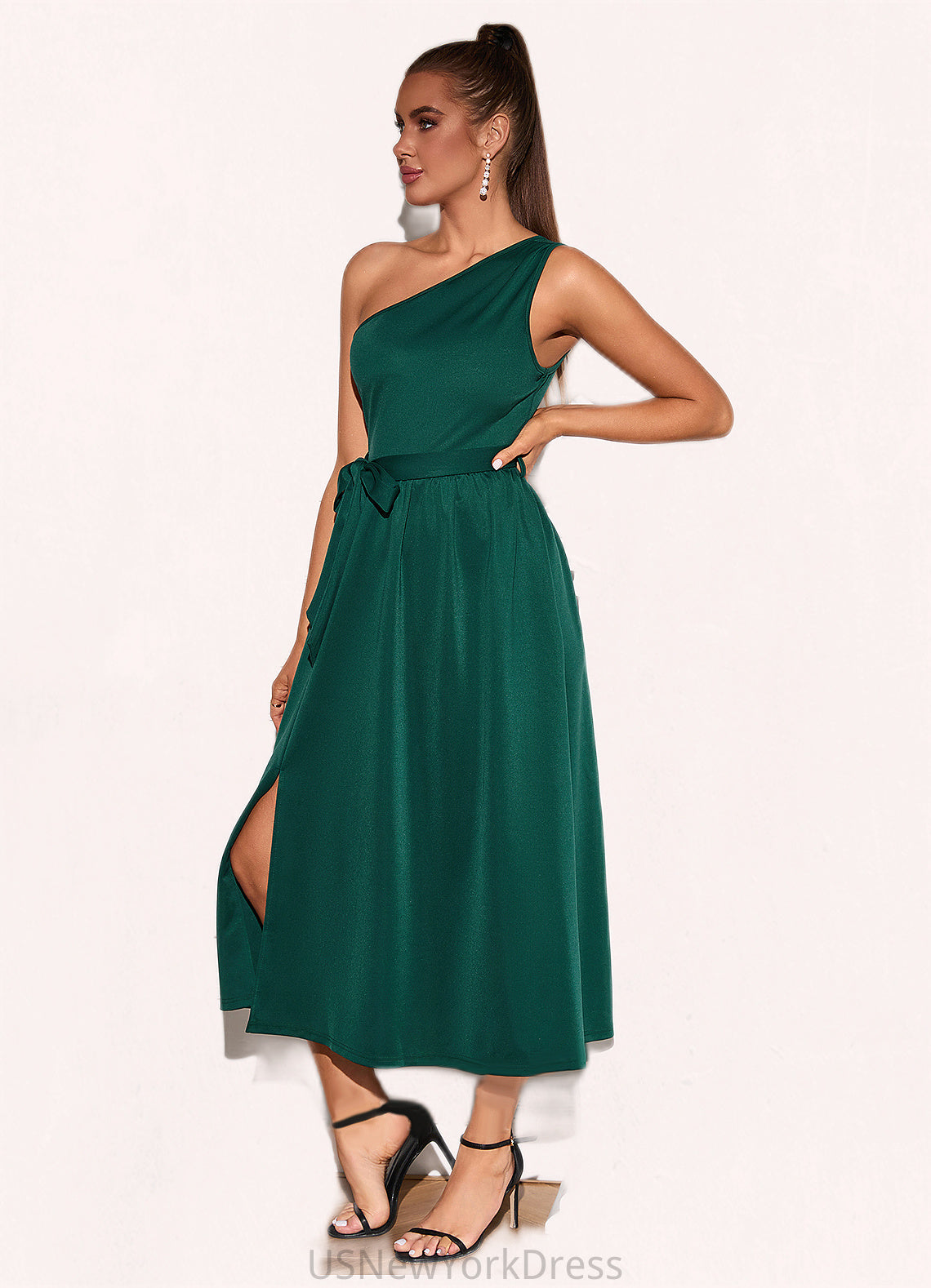 Aimee One Shoulder Vacation A-line Cotton Blends Midi Dresses DJP0022529