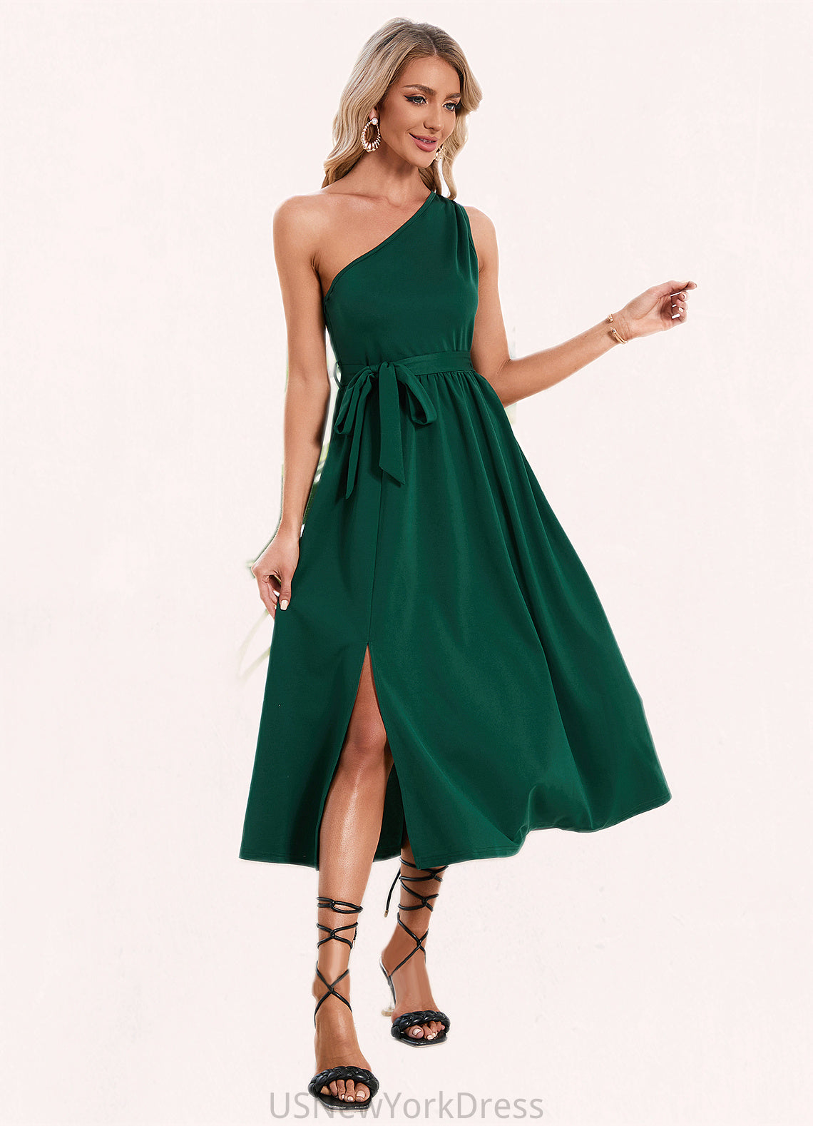 Aimee One Shoulder Vacation A-line Cotton Blends Midi Dresses DJP0022529