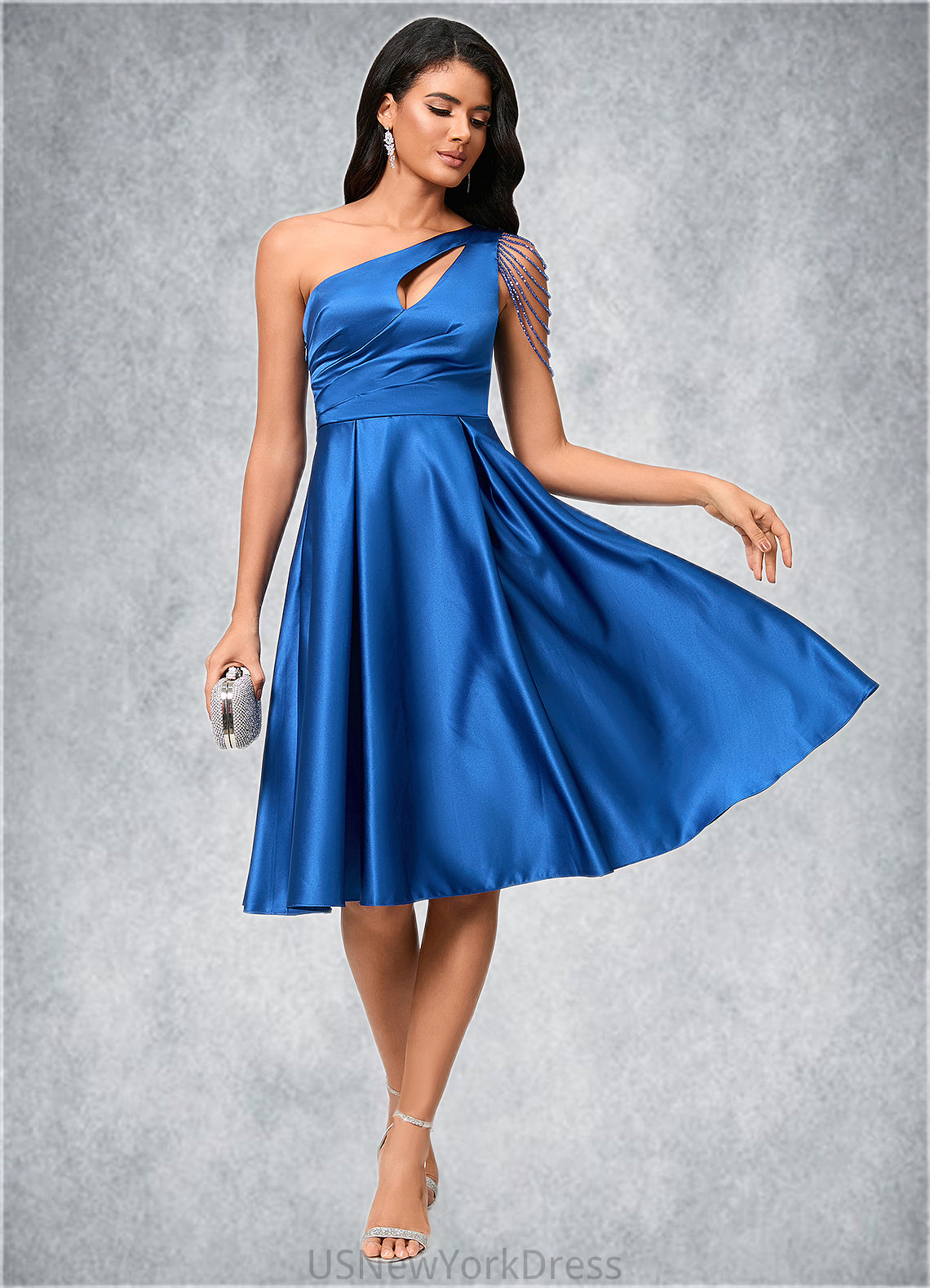 Allison A-line One Shoulder Knee-Length Satin Cocktail Dress With Beading Pleated DJP0022531