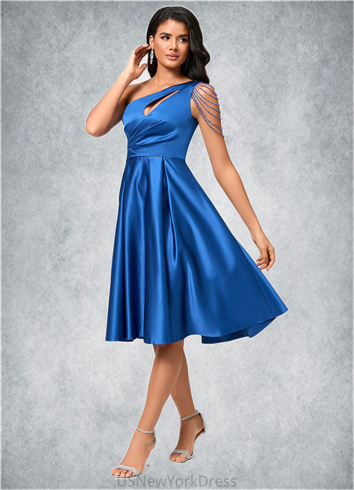 Allison A-line One Shoulder Knee-Length Satin Cocktail Dress With Beading Pleated DJP0022531